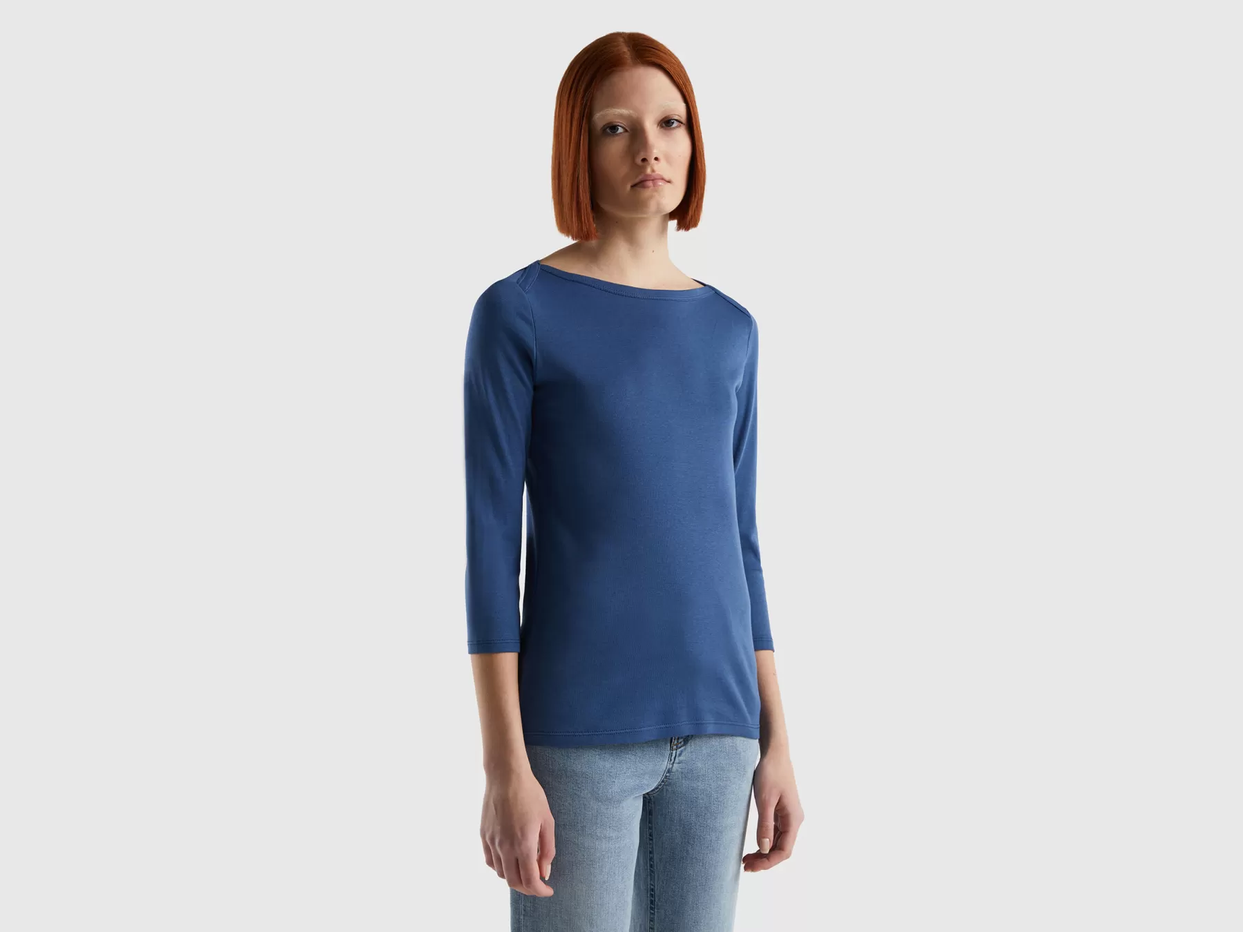 Benetton T-Shirt Con Scollo A Barchetta 100% Cotone Blu Fashion