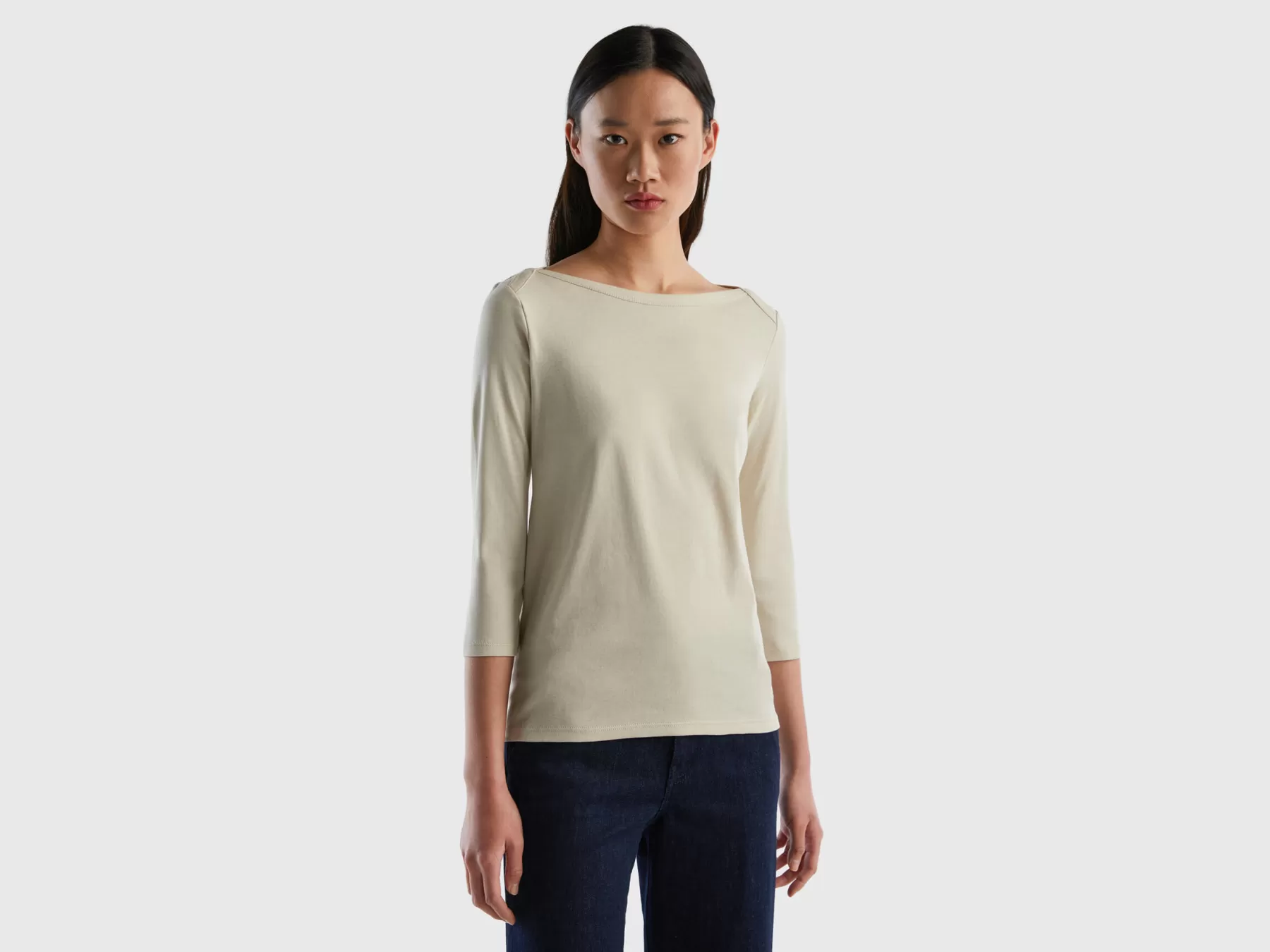 Benetton T-Shirt Con Scollo A Barchetta 100% Cotone Beige Online