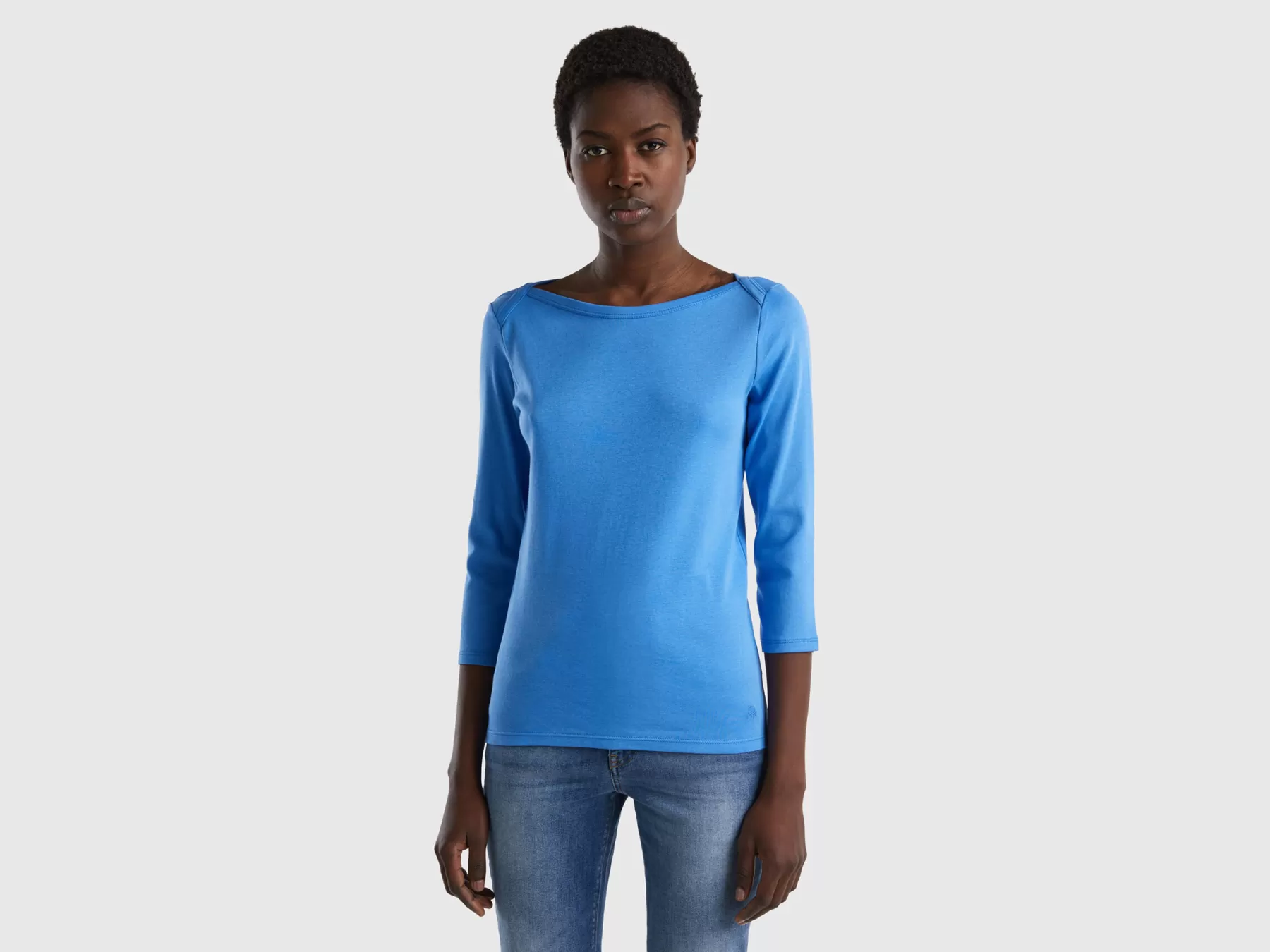 Benetton T-Shirt Con Scollo A Barchetta 100% Cotone Azzurro Sale