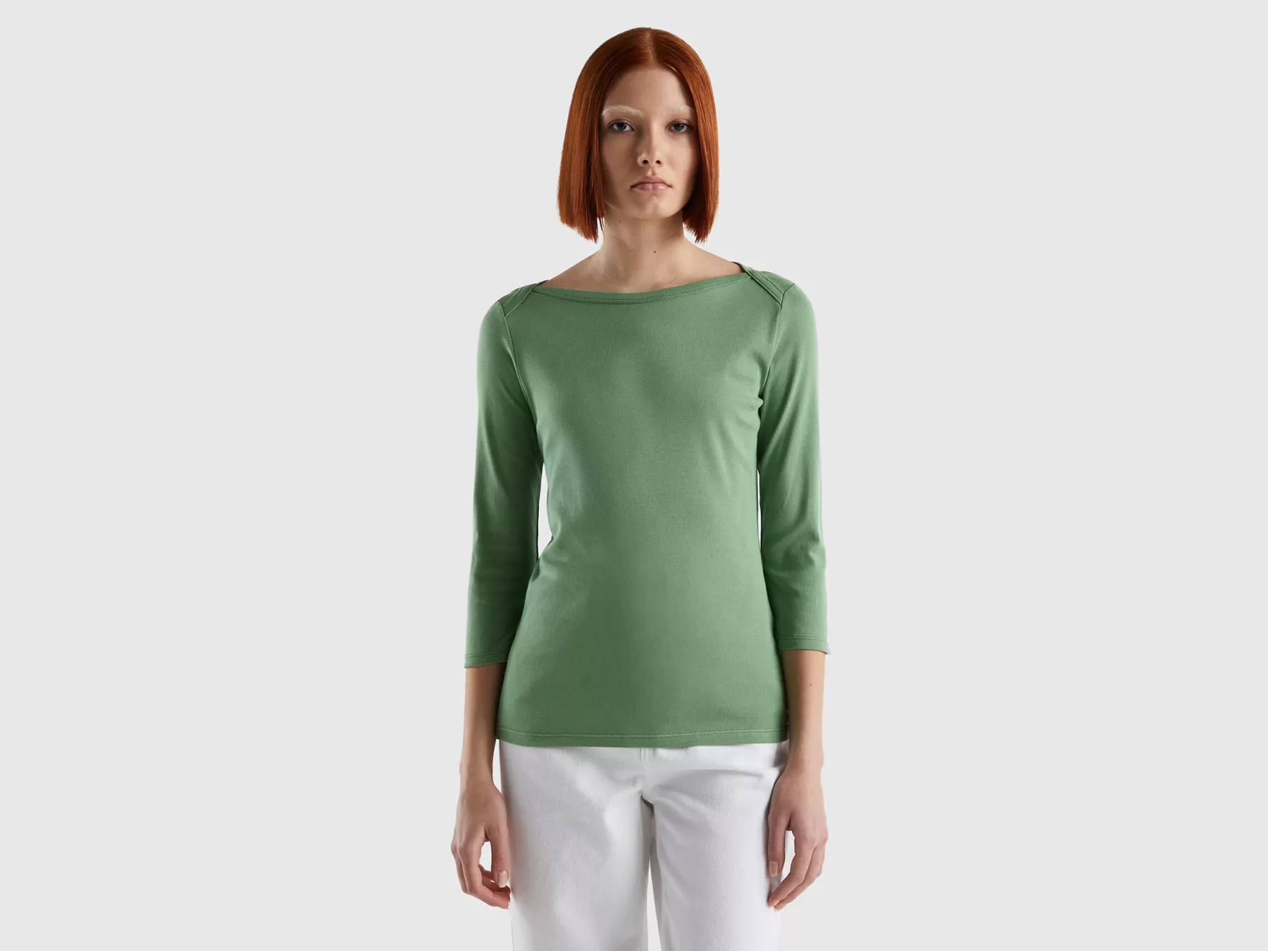 Benetton T-Shirt Con Scollo A Barchetta 100% Cotone Verde Store