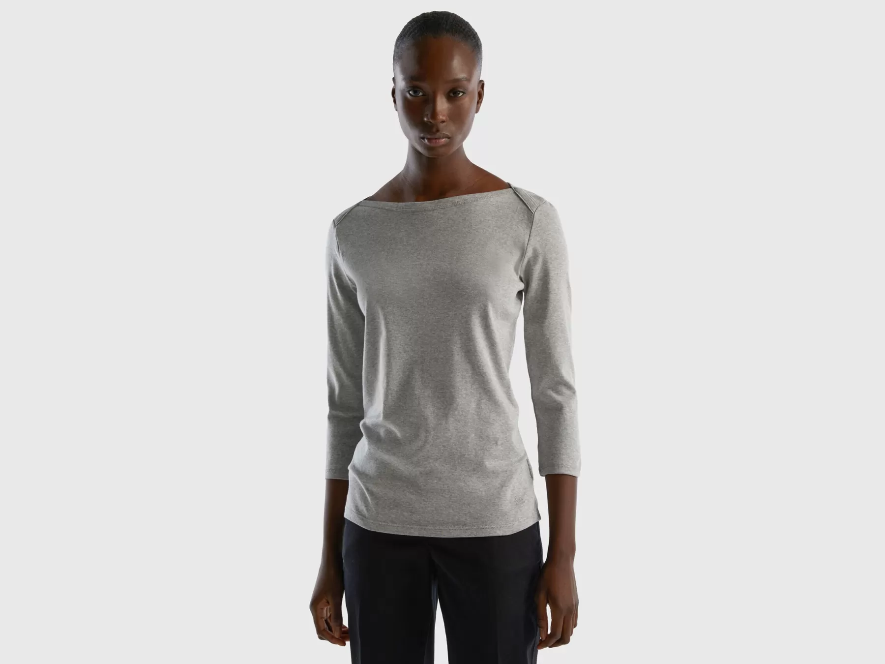 Benetton T-Shirt Con Scollo A Barchetta 100% Cotone Grigio Chiaro Flash Sale