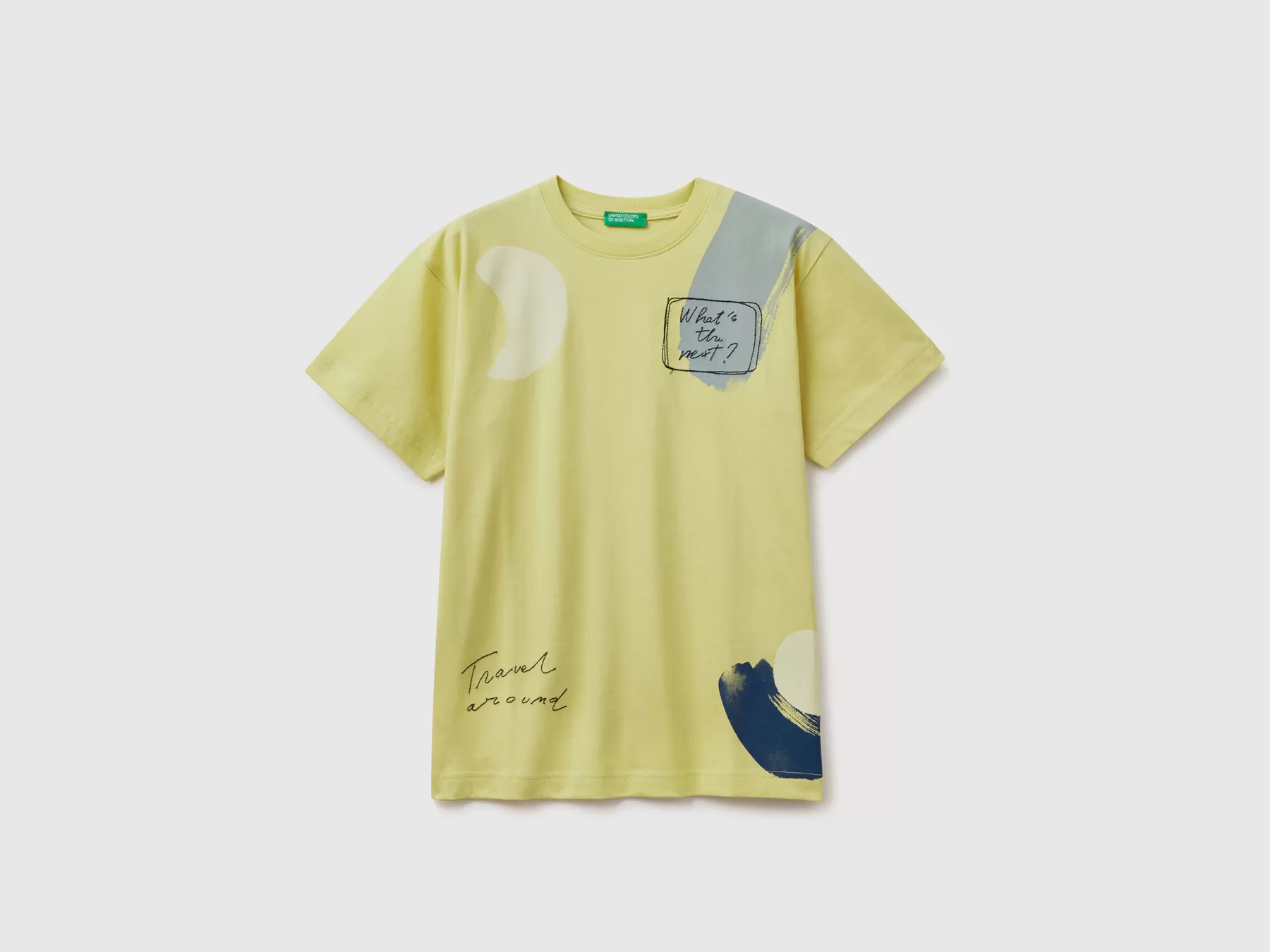 Benetton T-Shirt Con Stampa E Ricami Giallo New