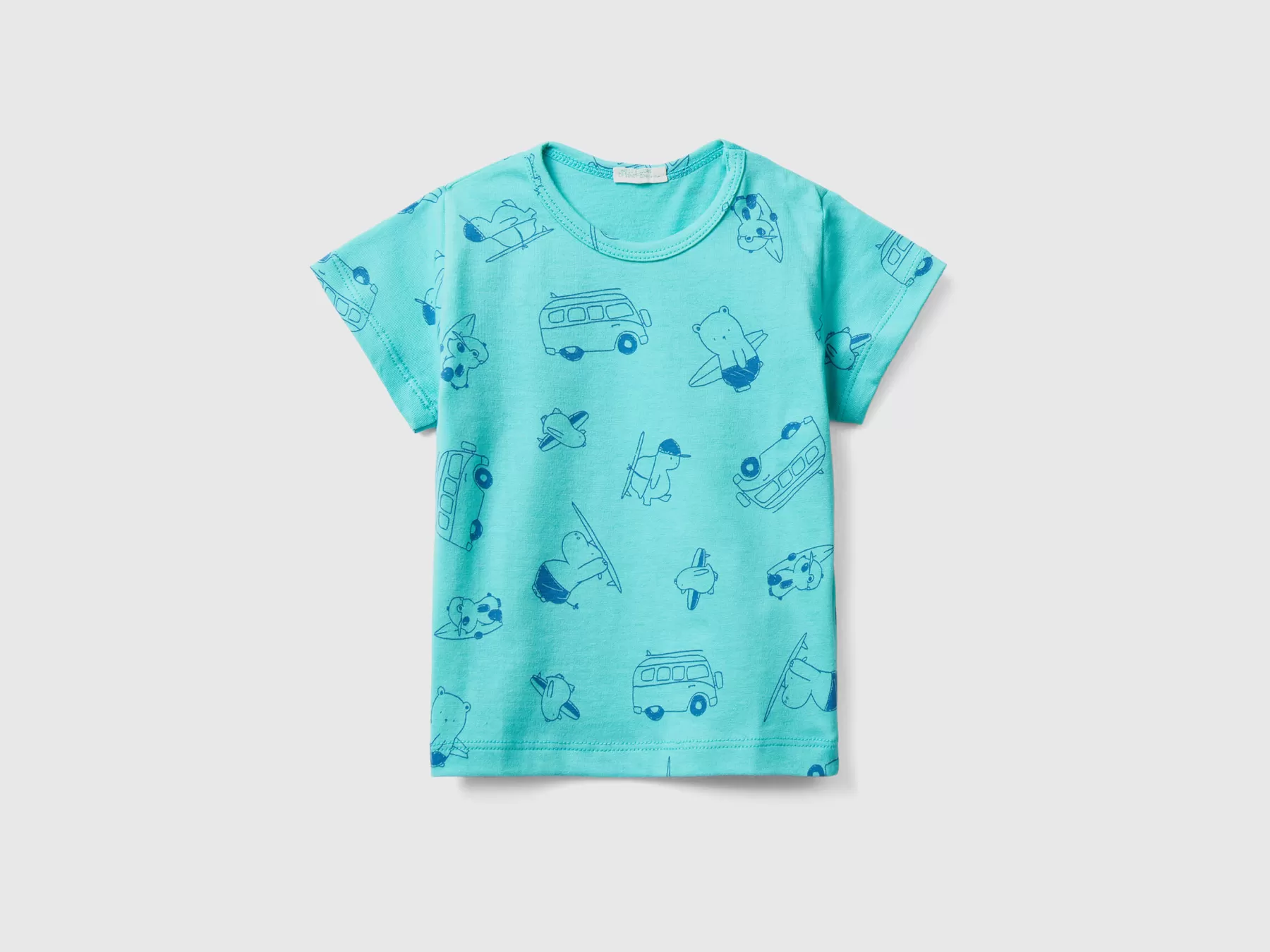 Benetton T-Shirt Con Stampa Fantasia Celeste Sale