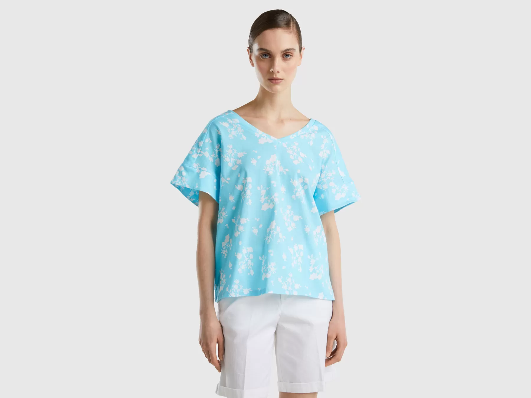 Benetton T-Shirt Con Stampa Floreale Azzurro Outlet