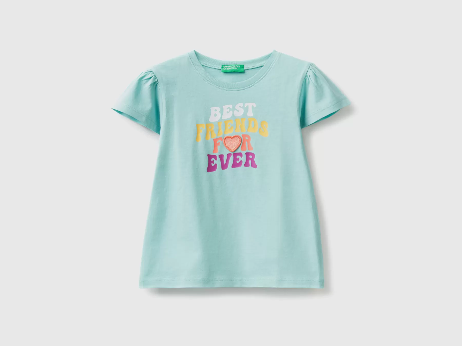 Benetton T-Shirt Con Stampa Glitter E Patch Verde Acqua Discount