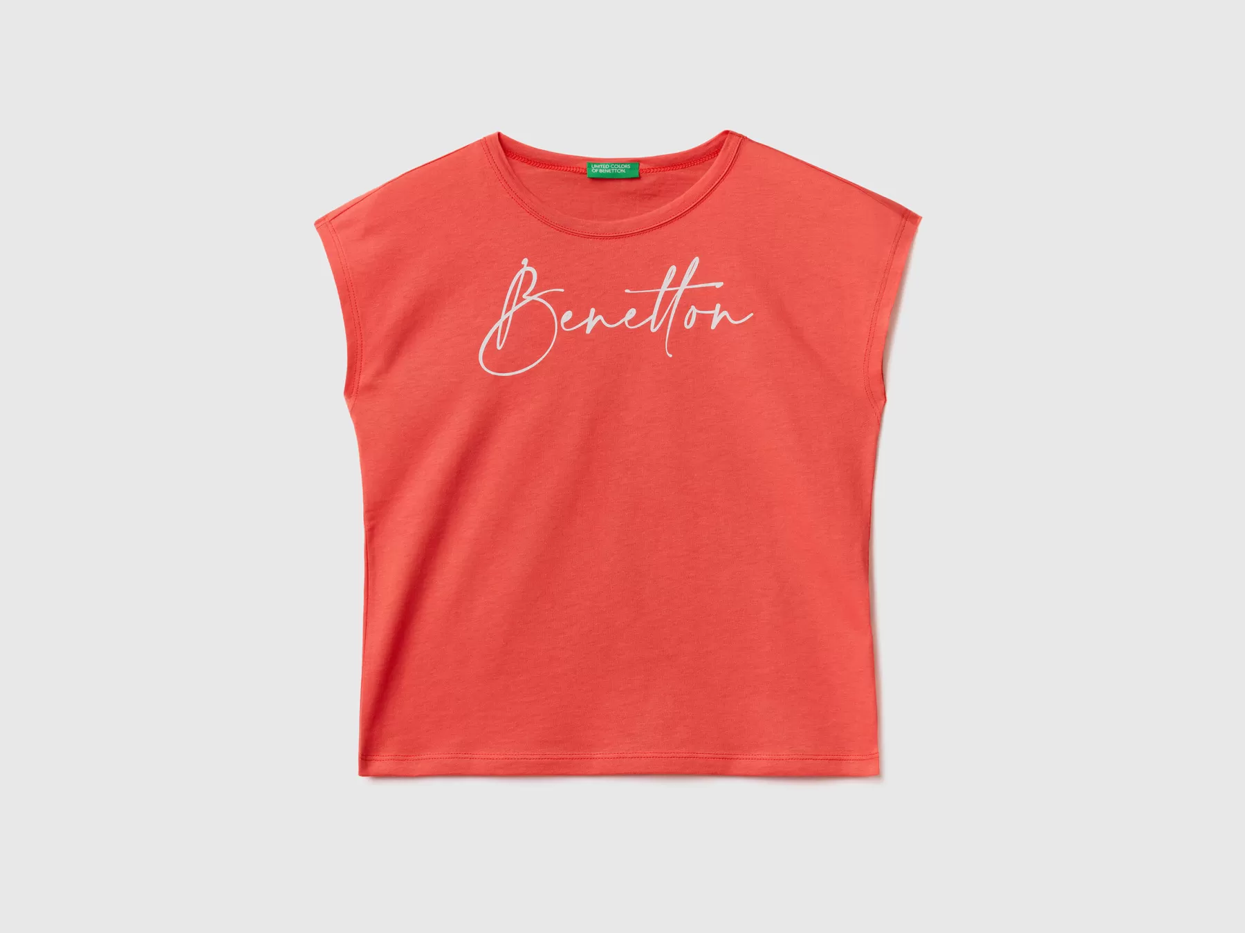 Benetton T-Shirt Con Stampa Logo Glitter Rosso Corallo Discount