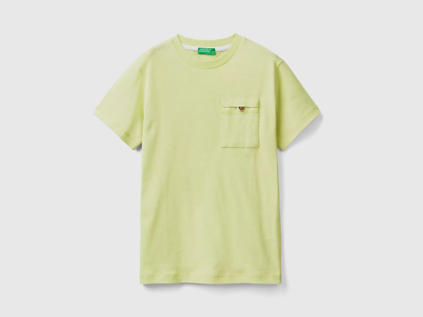 Benetton T-Shirt Con Taschino In Misto Lino Lime Best