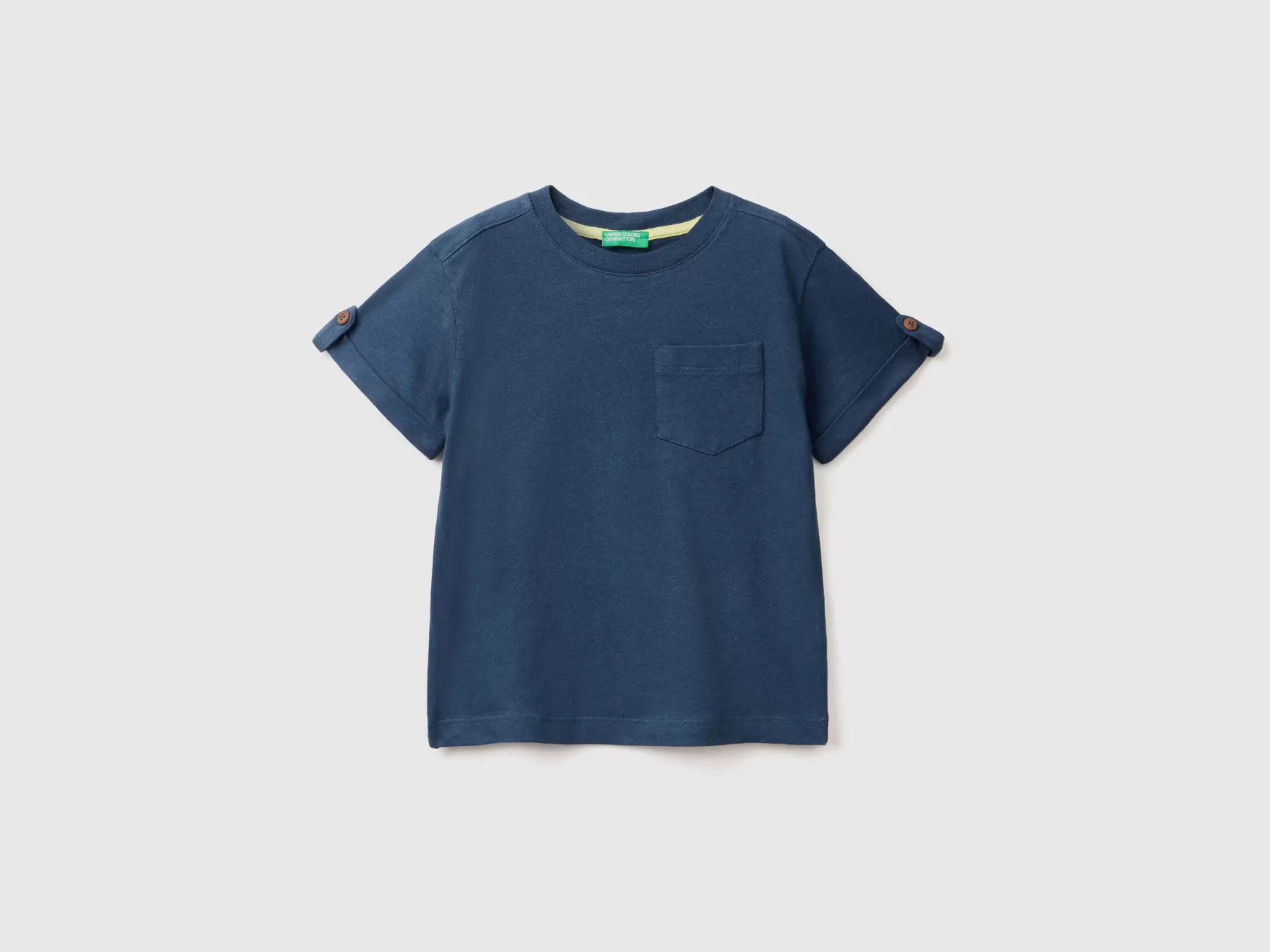 Benetton T-Shirt Con Taschino In Misto Lino Blu Scuro Fashion