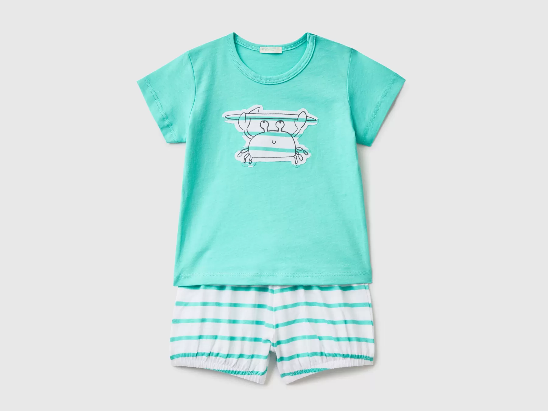 Benetton T-Shirt E Shorts In Puro Cotone Verde Acqua Cheap