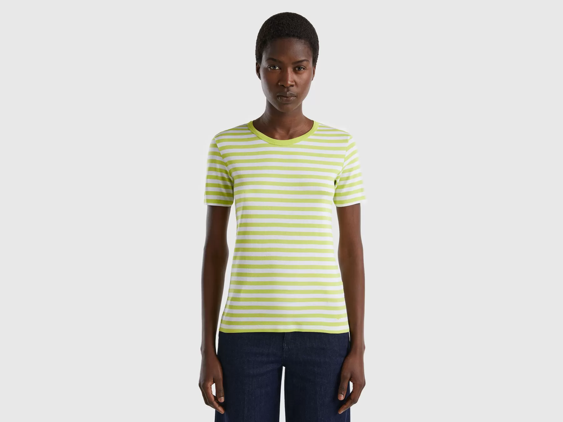 Benetton T-Shirt Girocollo A Righe Verde Fluo Cheap