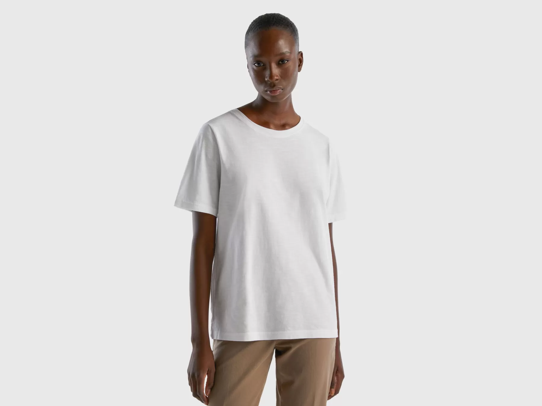 Benetton T-Shirt Girocollo In Cotone Fiammato Bianco Outlet