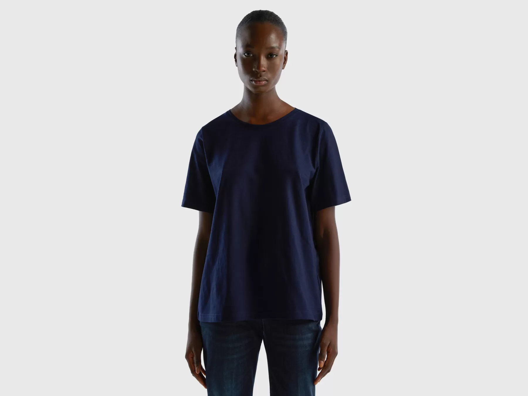 Benetton T-Shirt Girocollo In Cotone Fiammato Blu Scuro Sale