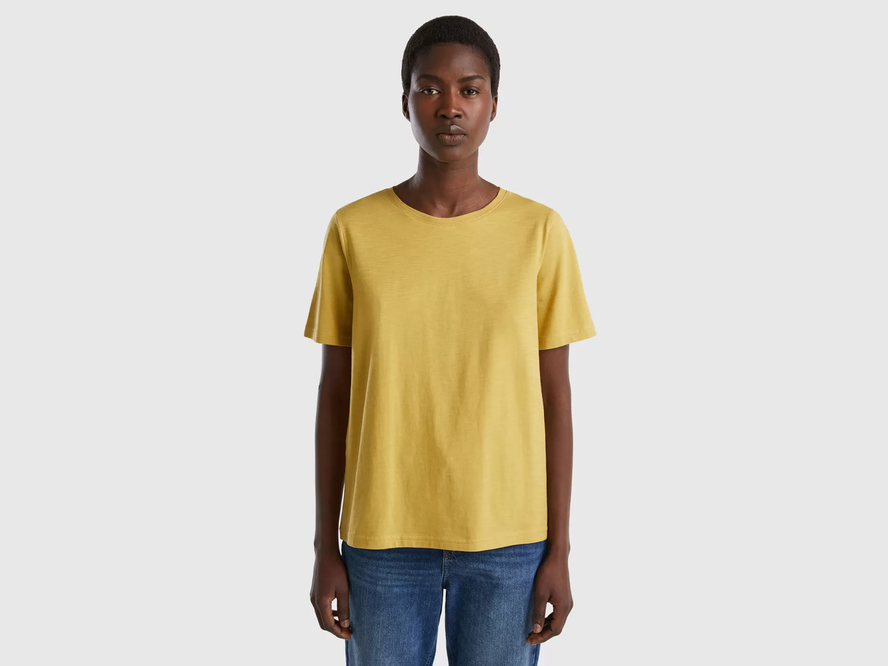 Benetton T-Shirt Girocollo In Cotone Fiammato Senape Discount