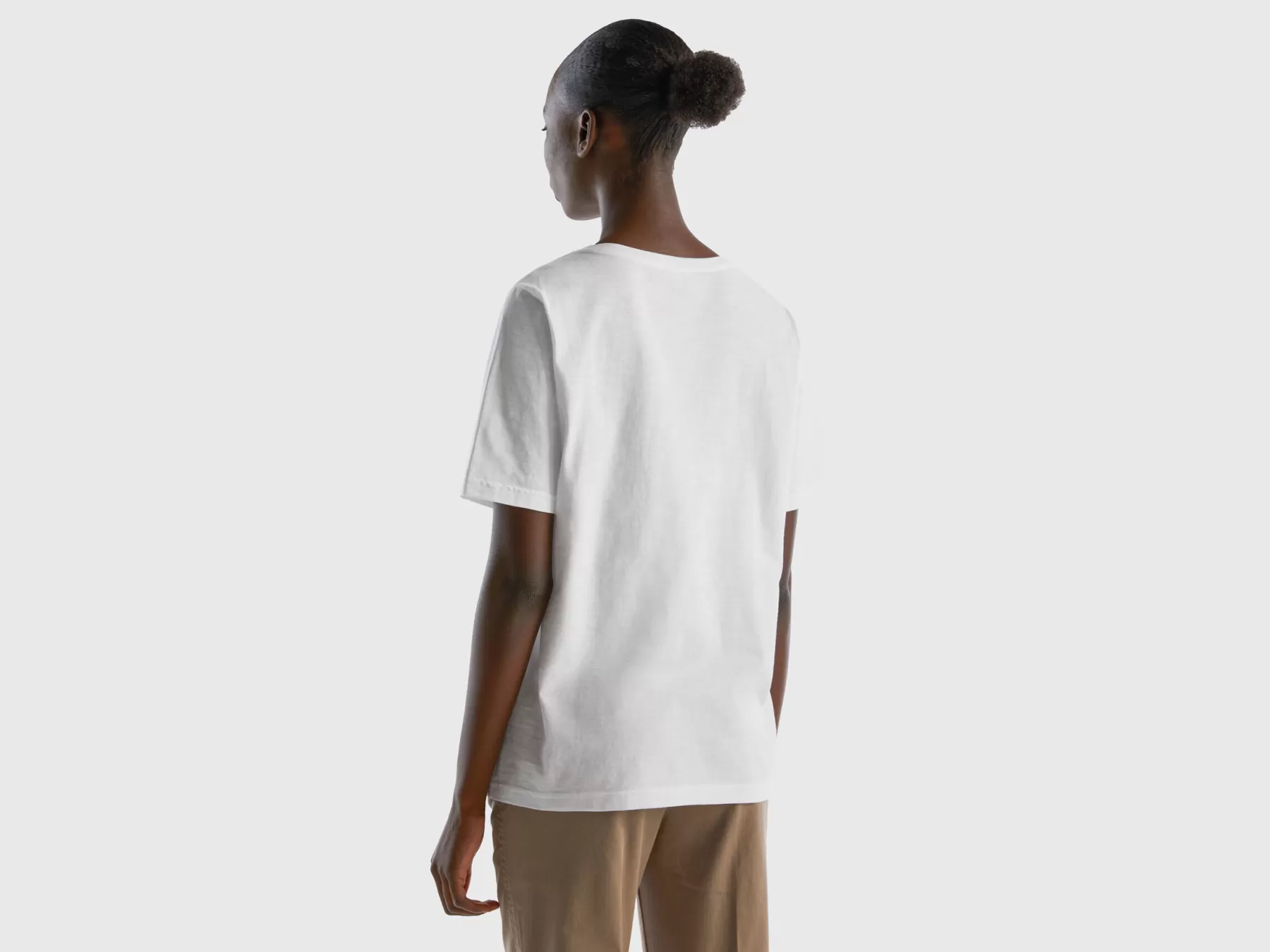 Benetton T-Shirt Girocollo In Cotone Fiammato Bianco Outlet