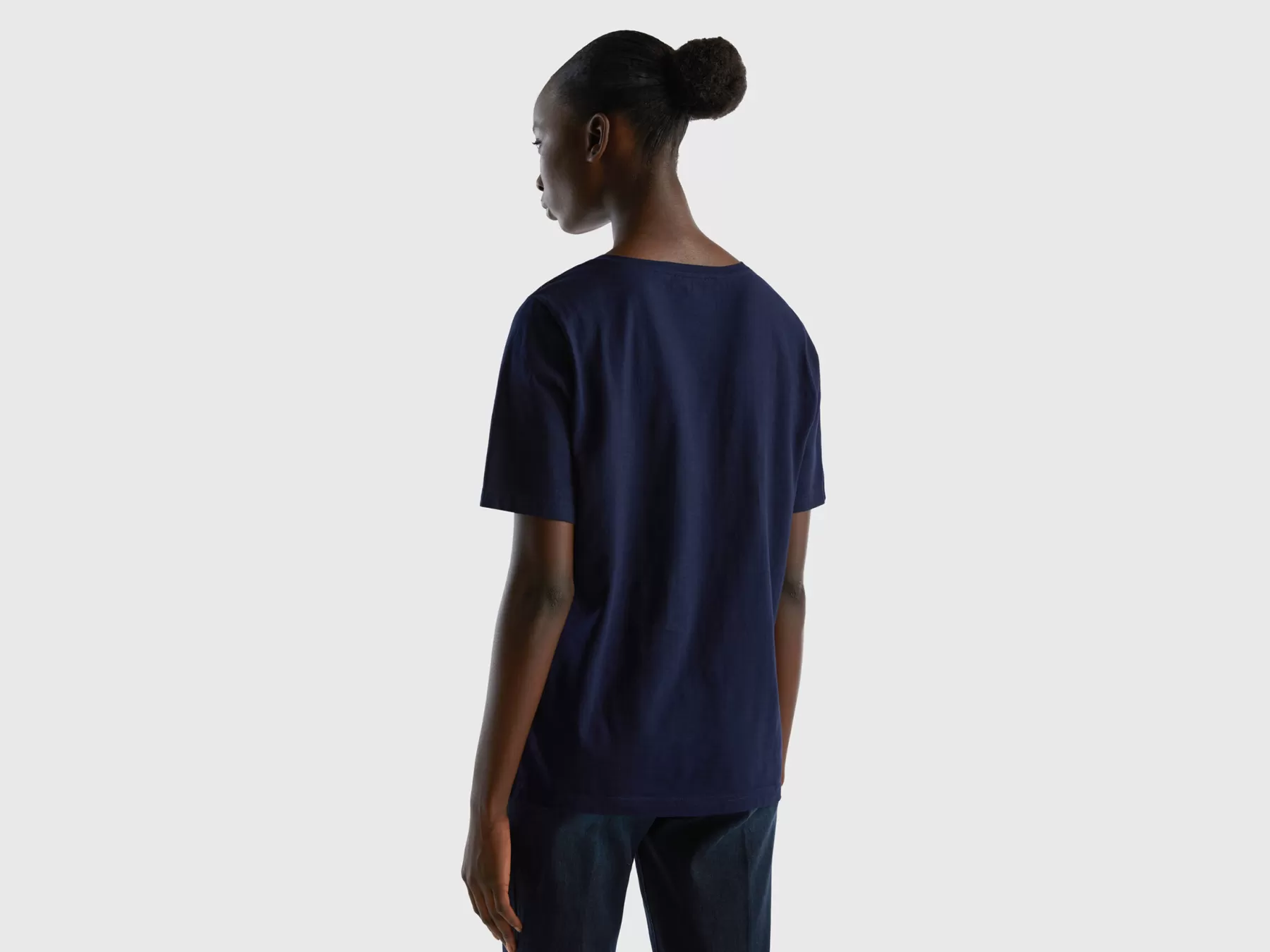 Benetton T-Shirt Girocollo In Cotone Fiammato Blu Scuro Sale