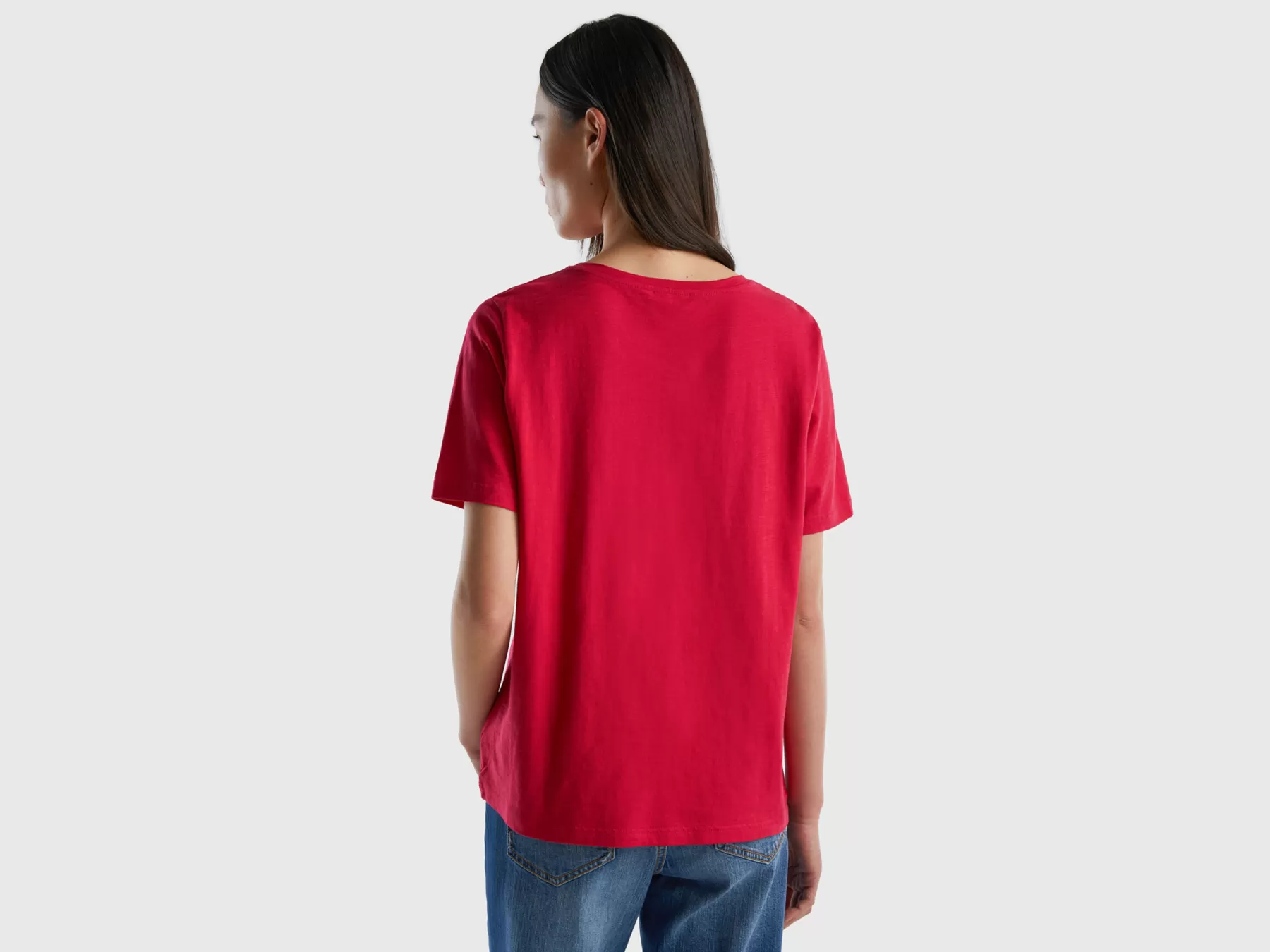 Benetton T-Shirt Girocollo In Cotone Fiammato Fucsia Best