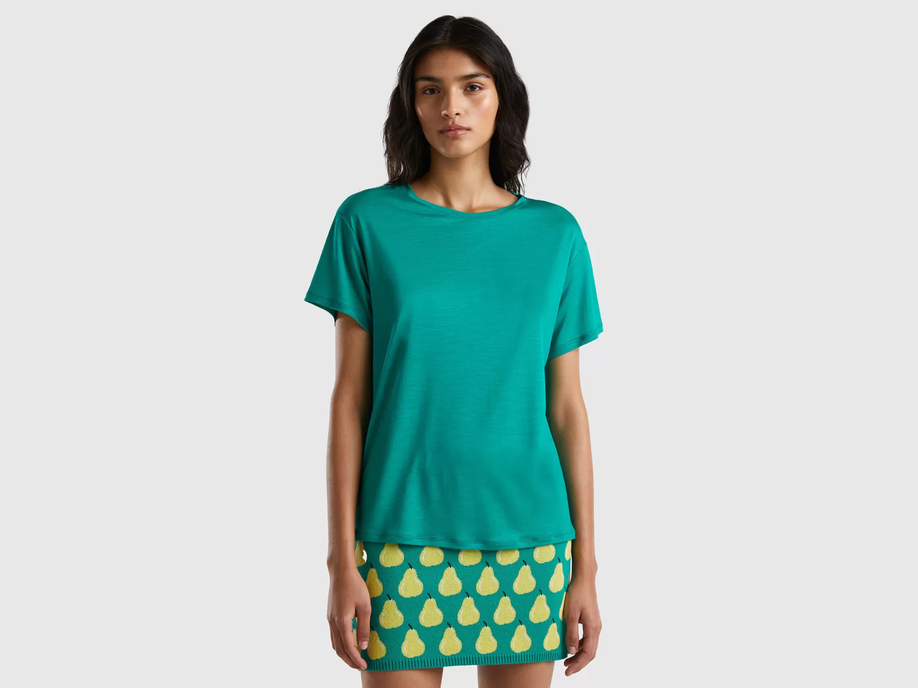 Benetton T-Shirt Girocollo In Viscosa Sostenibile Verde Sale