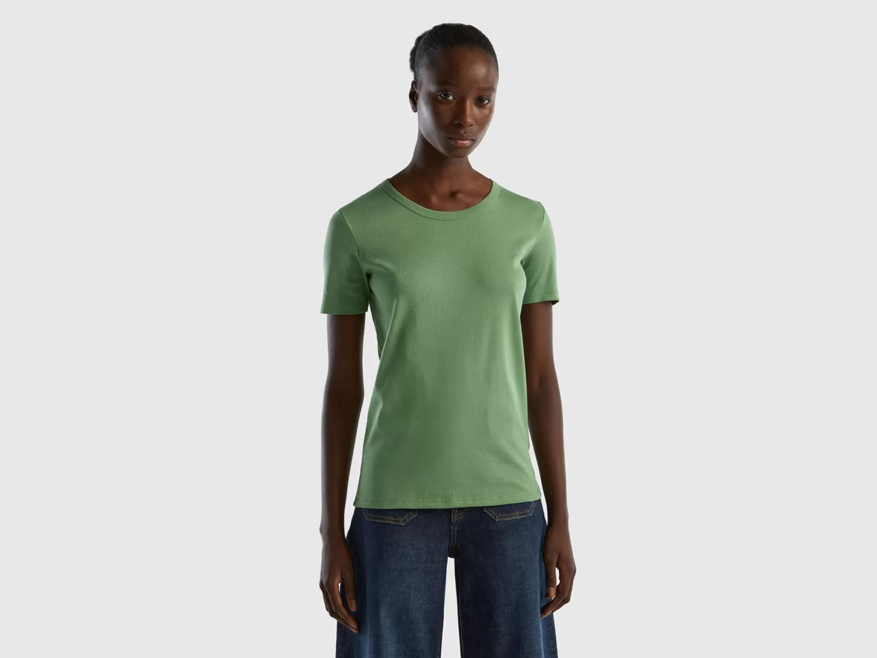 Benetton T-Shirt In Cotone A Fibra Lunga Verde Cheap