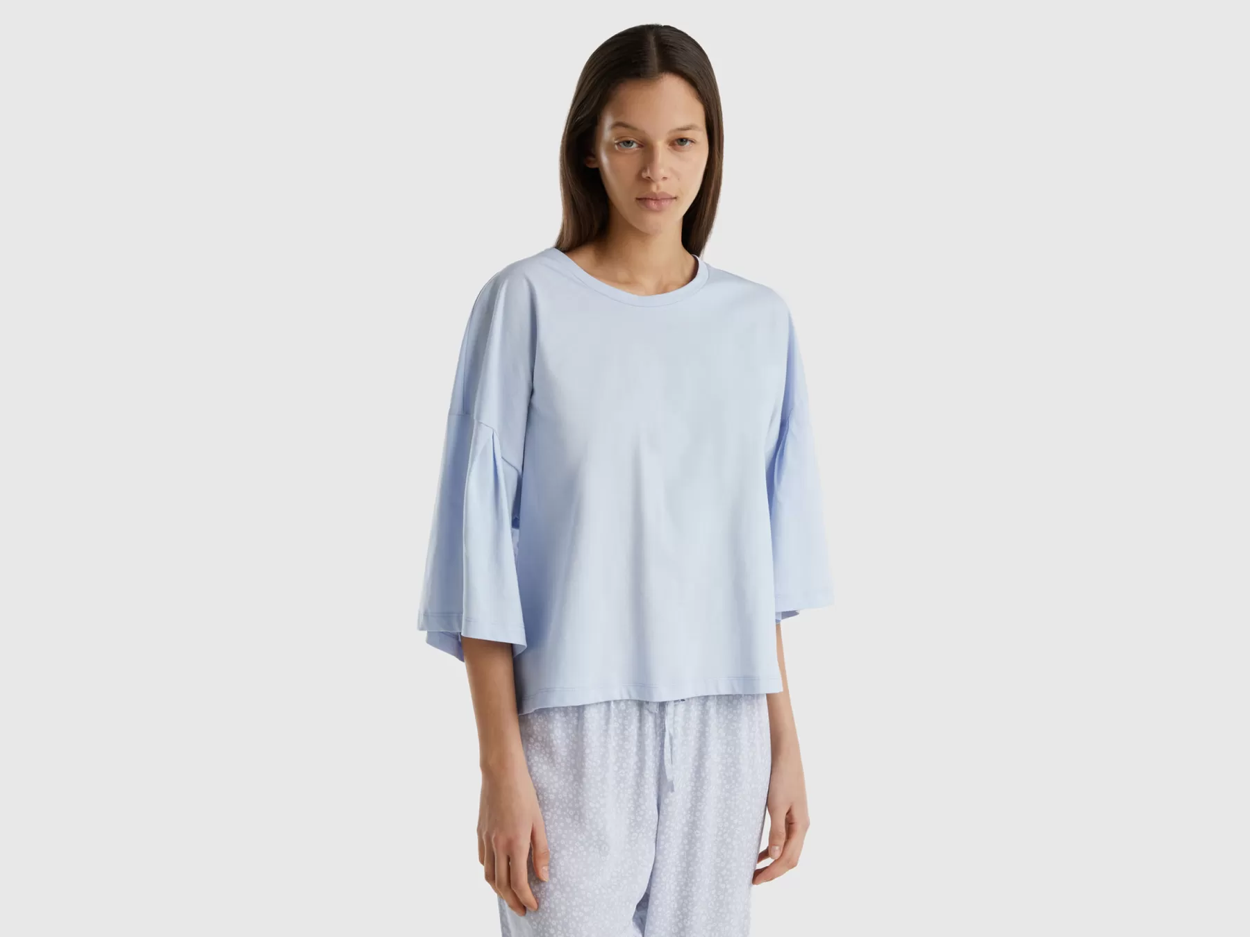 Benetton T-Shirt In Cotone A Fibra Lunga Celeste Outlet