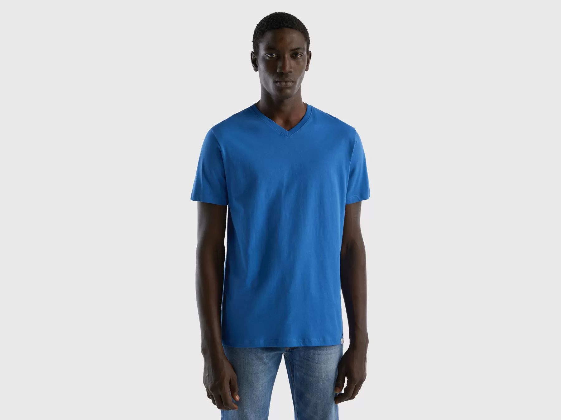 Benetton T-Shirt In Cotone A Fibra Lunga Azzurro New