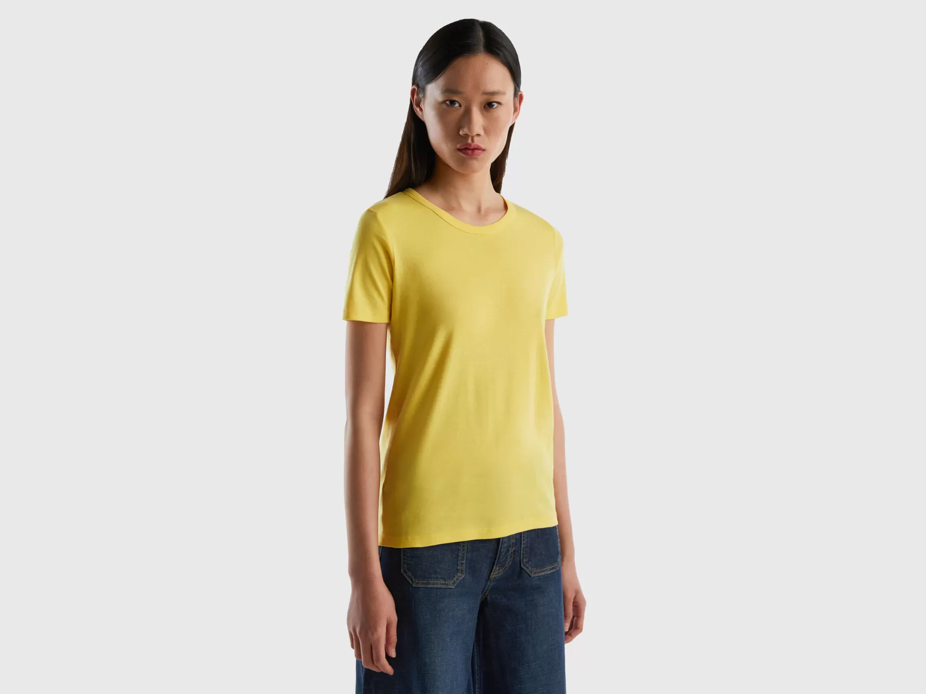 Benetton T-Shirt In Cotone A Fibra Lunga Giallo Fashion