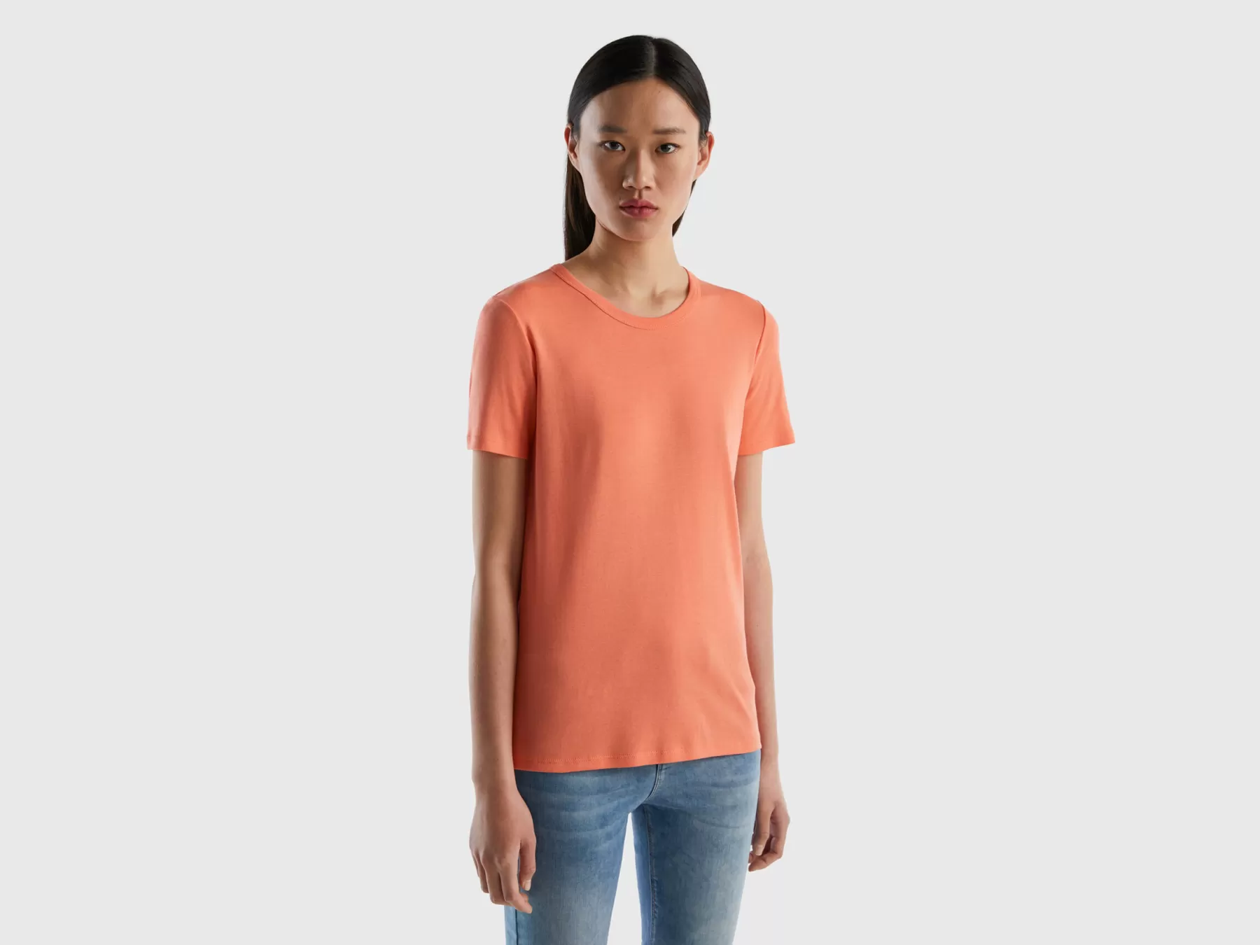 Benetton T-Shirt In Cotone A Fibra Lunga Arancione Hot