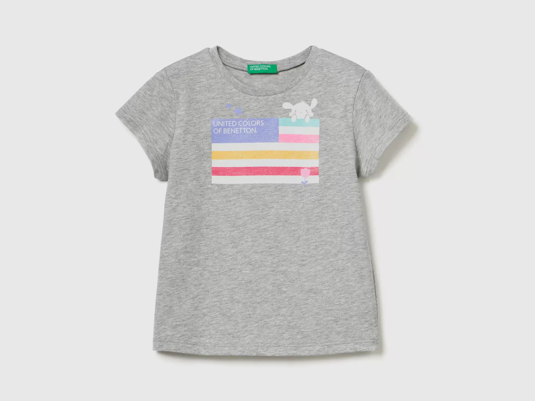 Benetton T-Shirt In Cotone Bio Con Stampa Grigio Chiaro Clearance