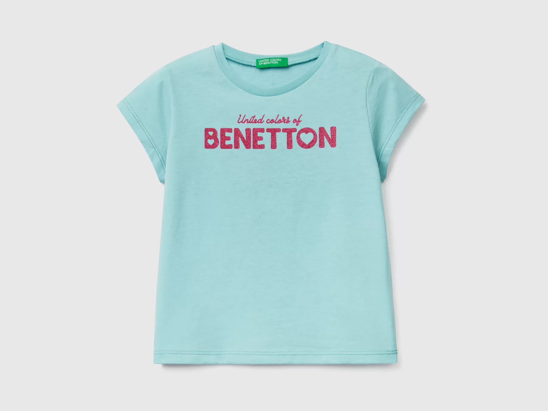 Benetton T-Shirt In Cotone Bio Con Stampa Verde Acqua Cheap