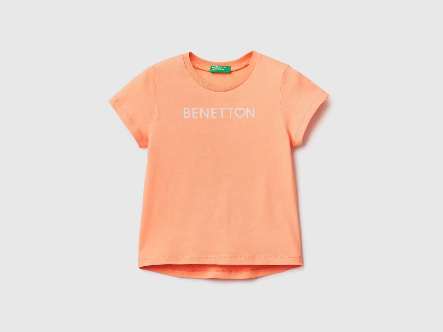 Benetton T-Shirt In Cotone Bio Con Stampa Logo Salmone New