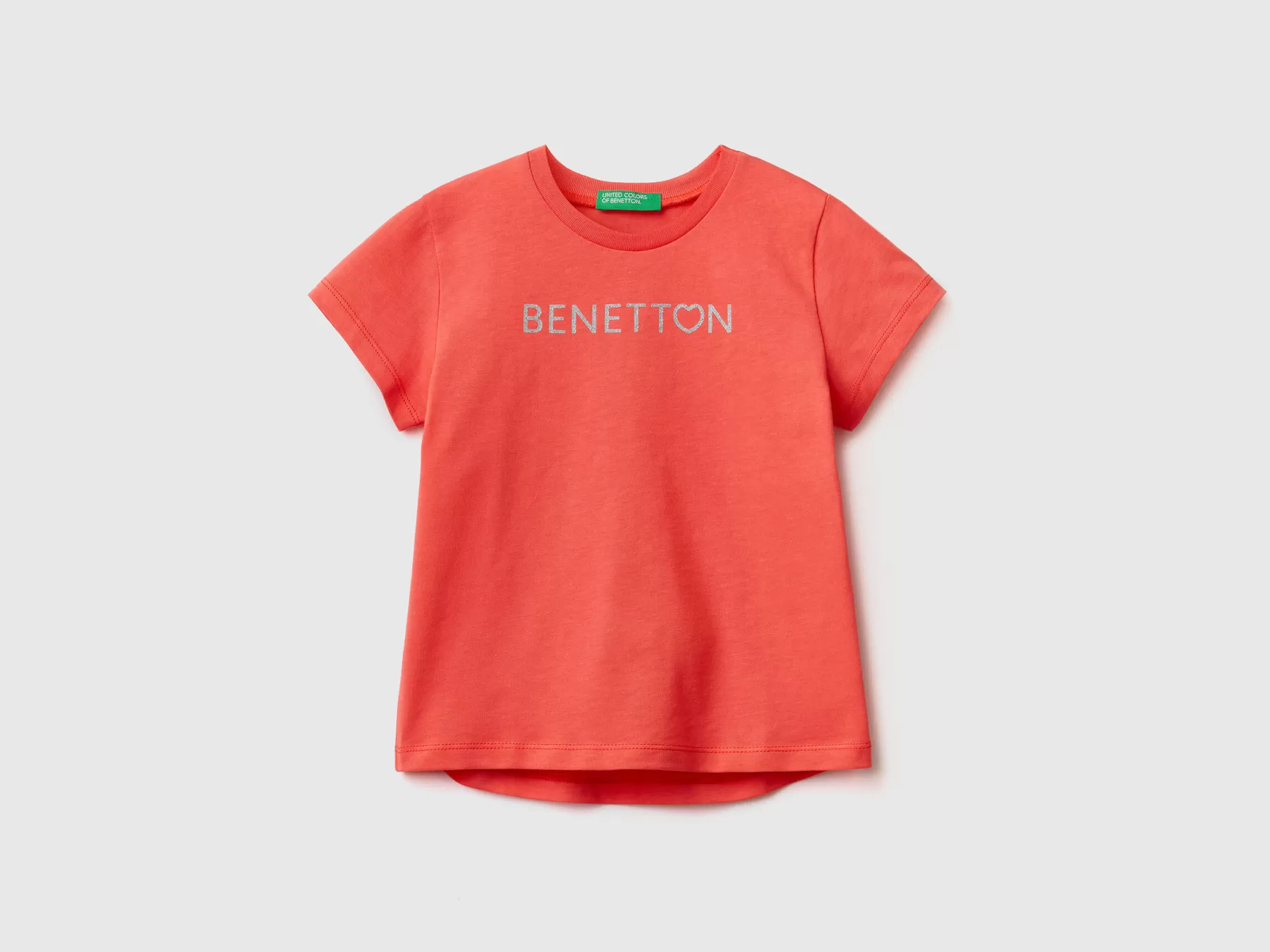 Benetton T-Shirt In Cotone Bio Con Stampa Logo Rosso Corallo Cheap