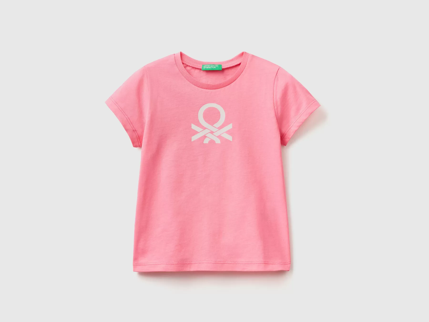 Benetton T-Shirt In Cotone Bio Con Stampa Logo Rosa Cheap