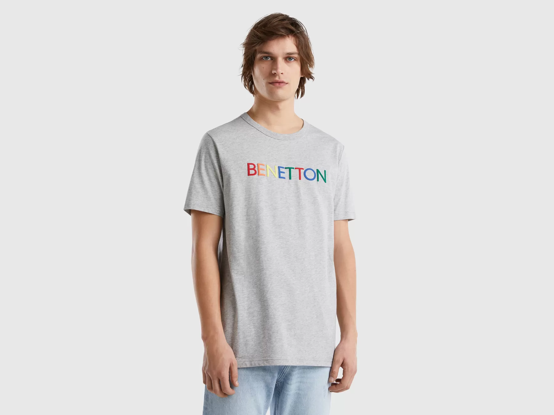 Benetton T-Shirt In Cotone Bio Con Stampa Logo Grigio Chiaro Clearance