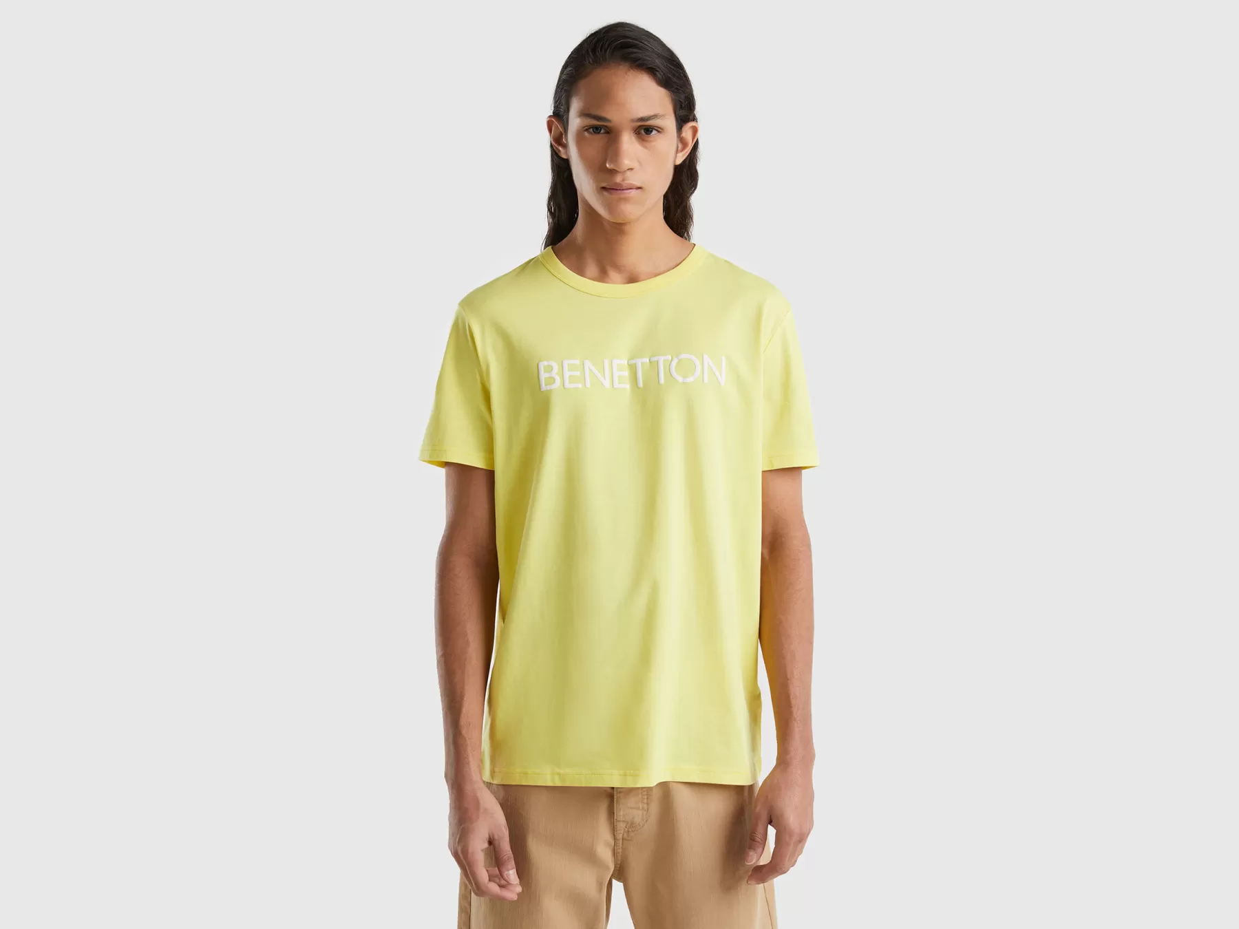 Benetton T-Shirt In Cotone Bio Con Stampa Logo Giallo Flash Sale