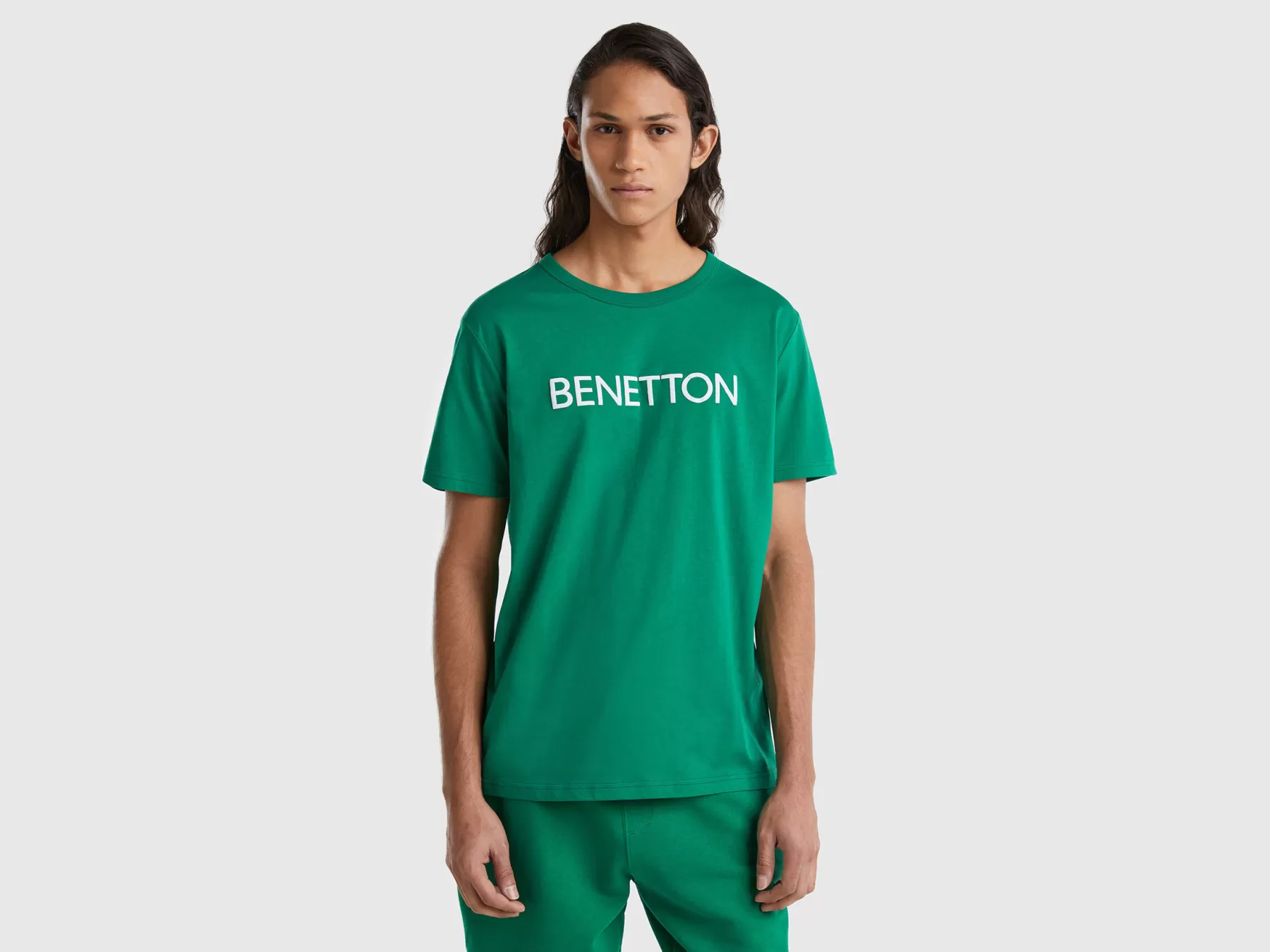 Benetton T-Shirt In Cotone Bio Con Stampa Logo Verde Scuro Sale