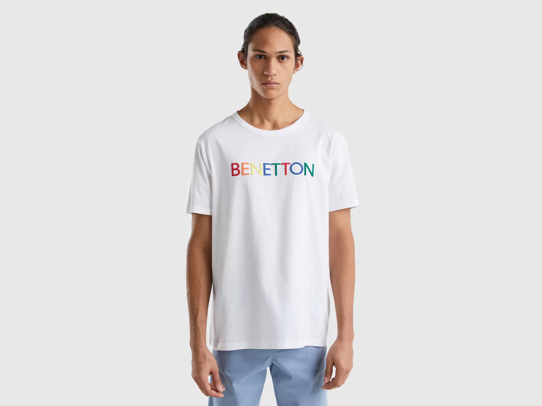 Benetton T-Shirt In Cotone Bio Con Stampa Logo Bianco Shop