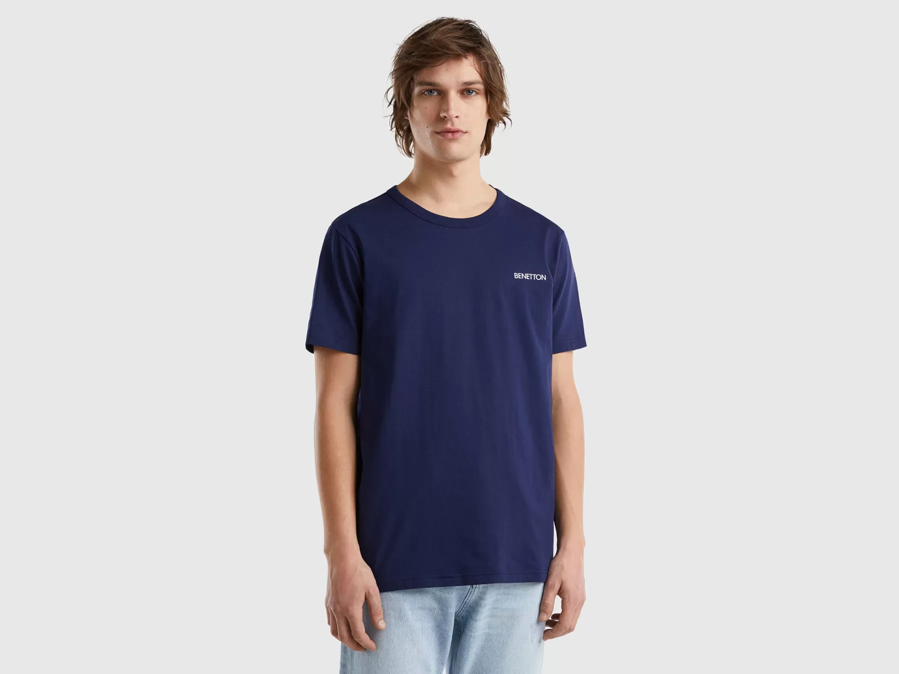 Benetton T-Shirt In Cotone Bio Con Stampa Logo Blu Sale