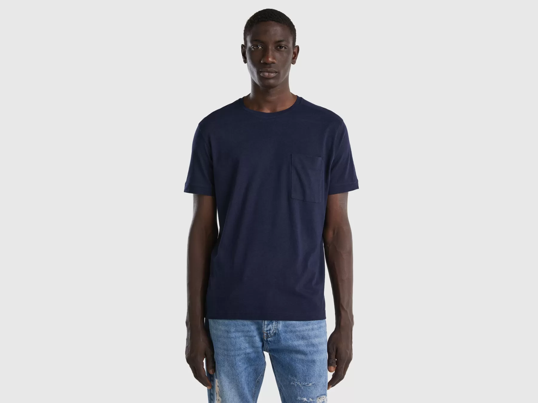 Benetton T-Shirt In Misto Lino Con Taschino Blu Scuro Flash Sale