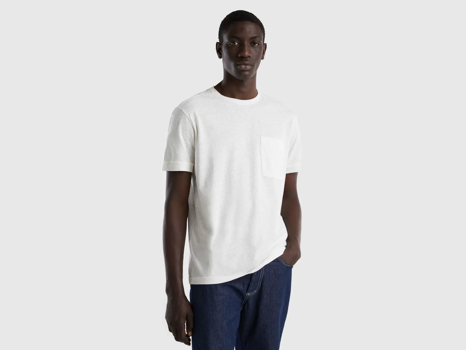 Benetton T-Shirt In Misto Lino Con Taschino Bianco Flash Sale