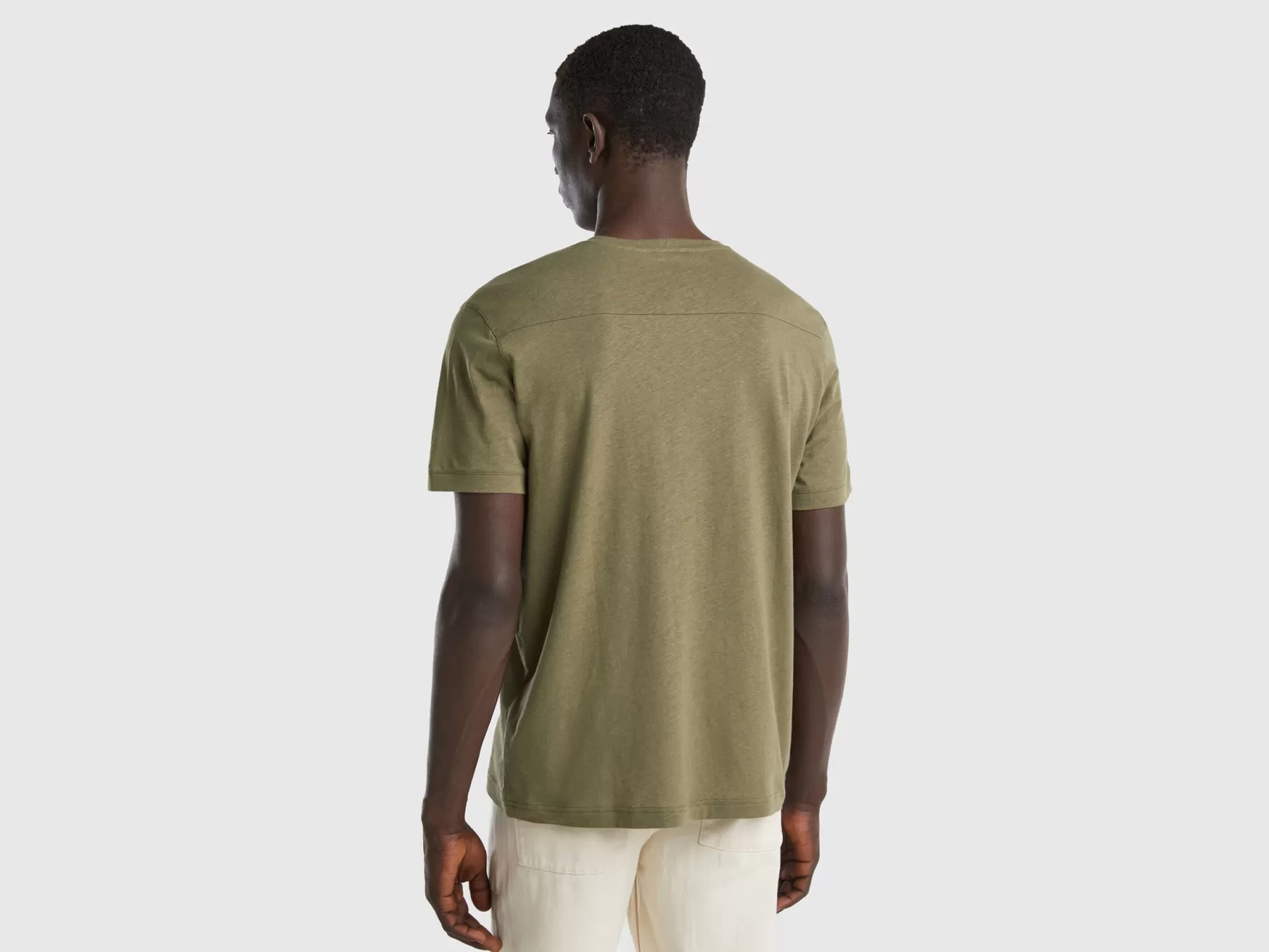 Benetton T-Shirt In Misto Lino Con Taschino Verde Militare Hot