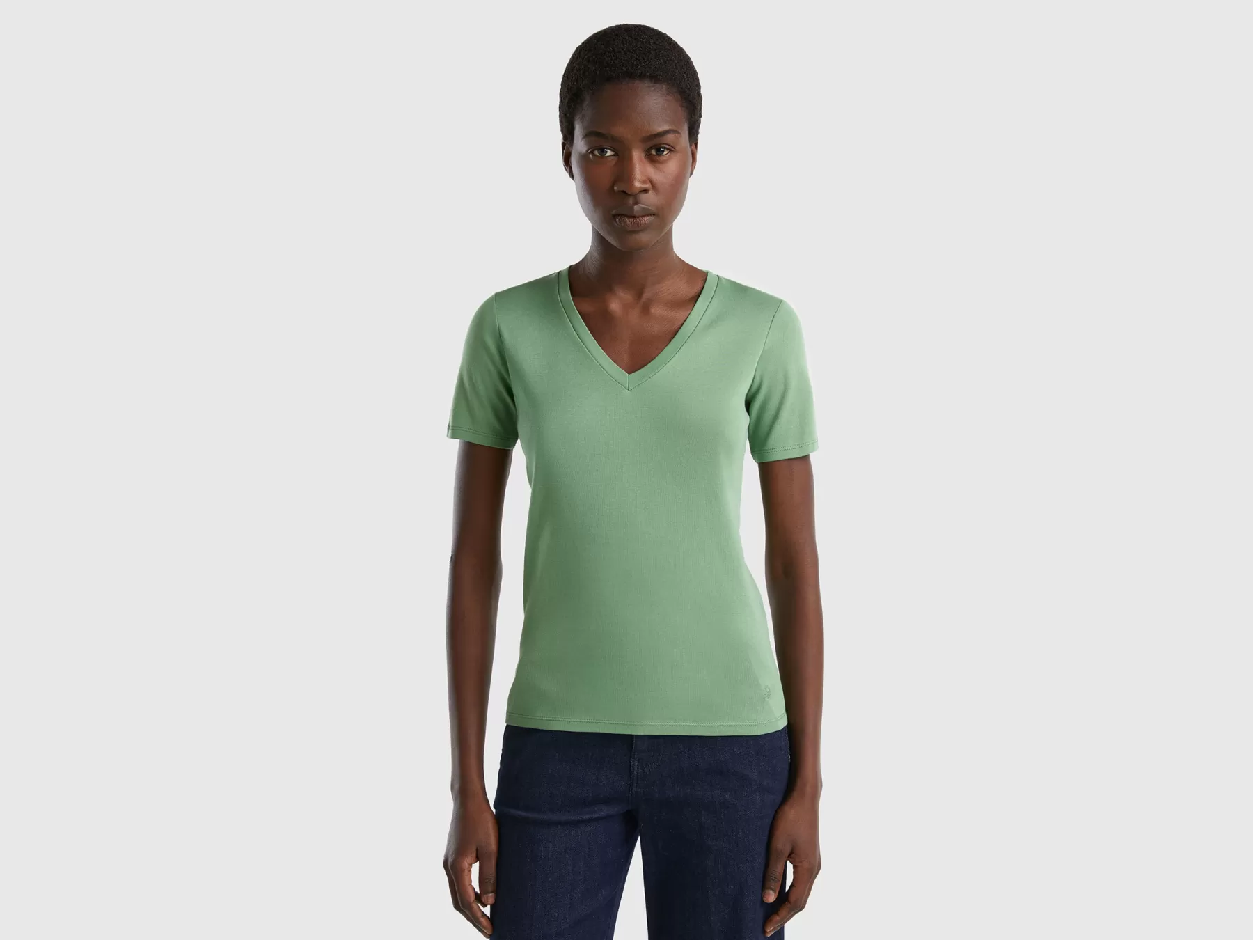 Benetton T-Shirt In Puro Cotone Con Scollo A V Verde Shop