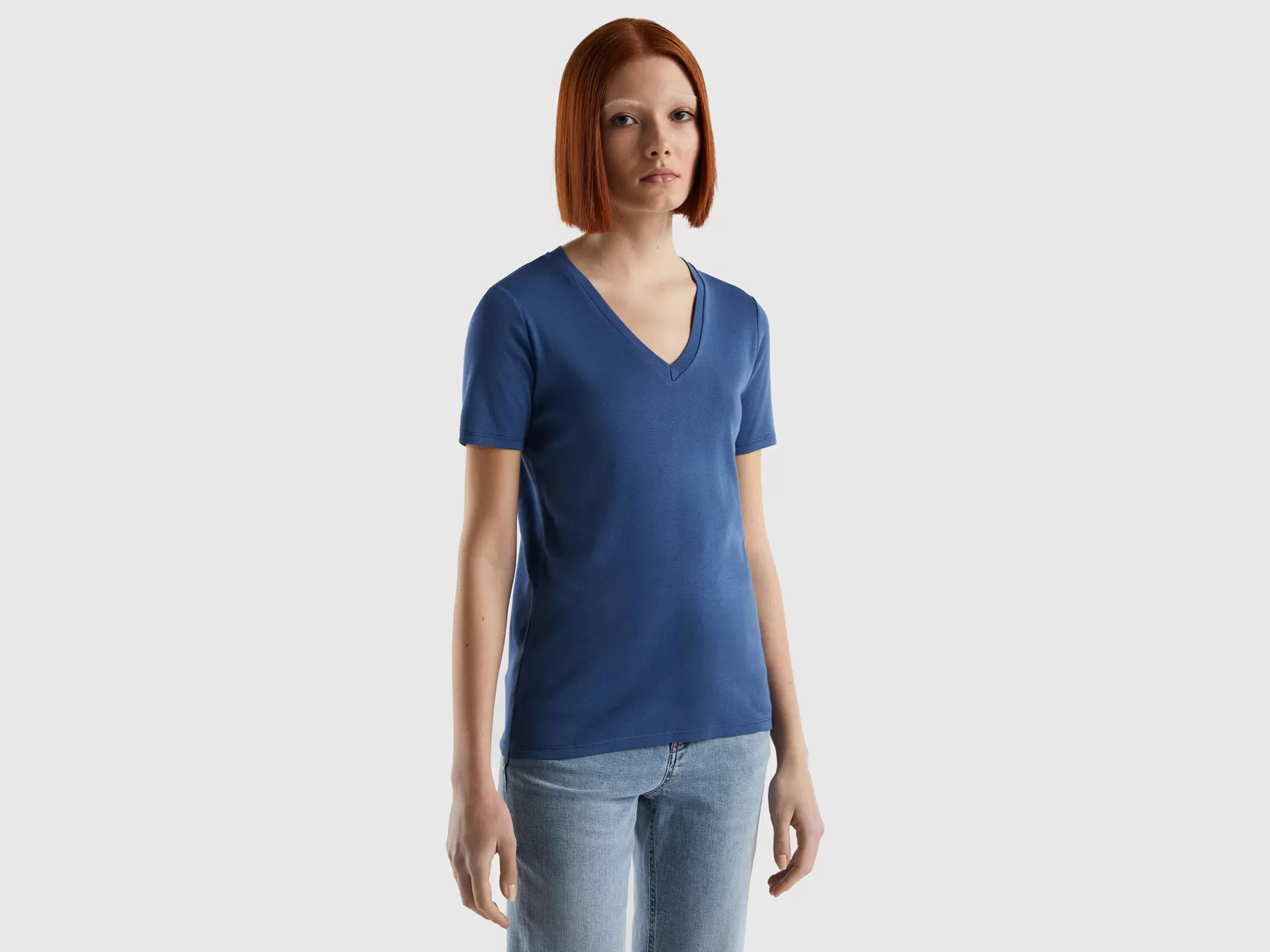 Benetton T-Shirt In Puro Cotone Con Scollo A V Blu Online