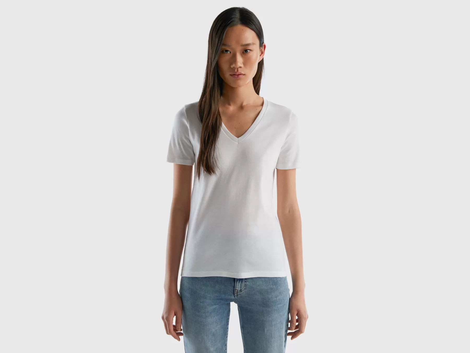 Benetton T-Shirt In Puro Cotone Con Scollo A V Bianco Store