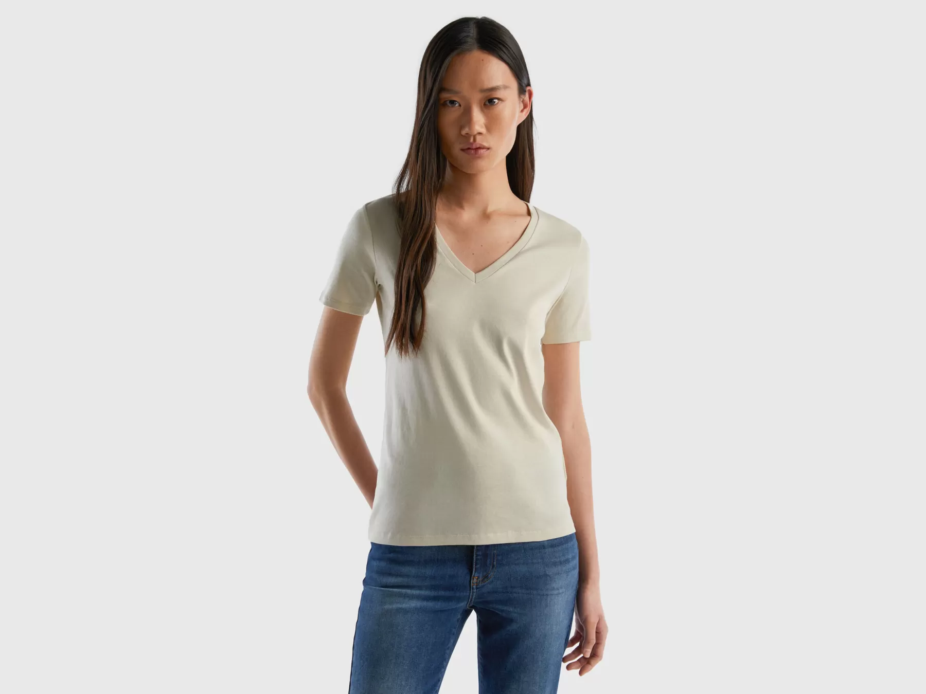 Benetton T-Shirt In Puro Cotone Con Scollo A V Beige Discount