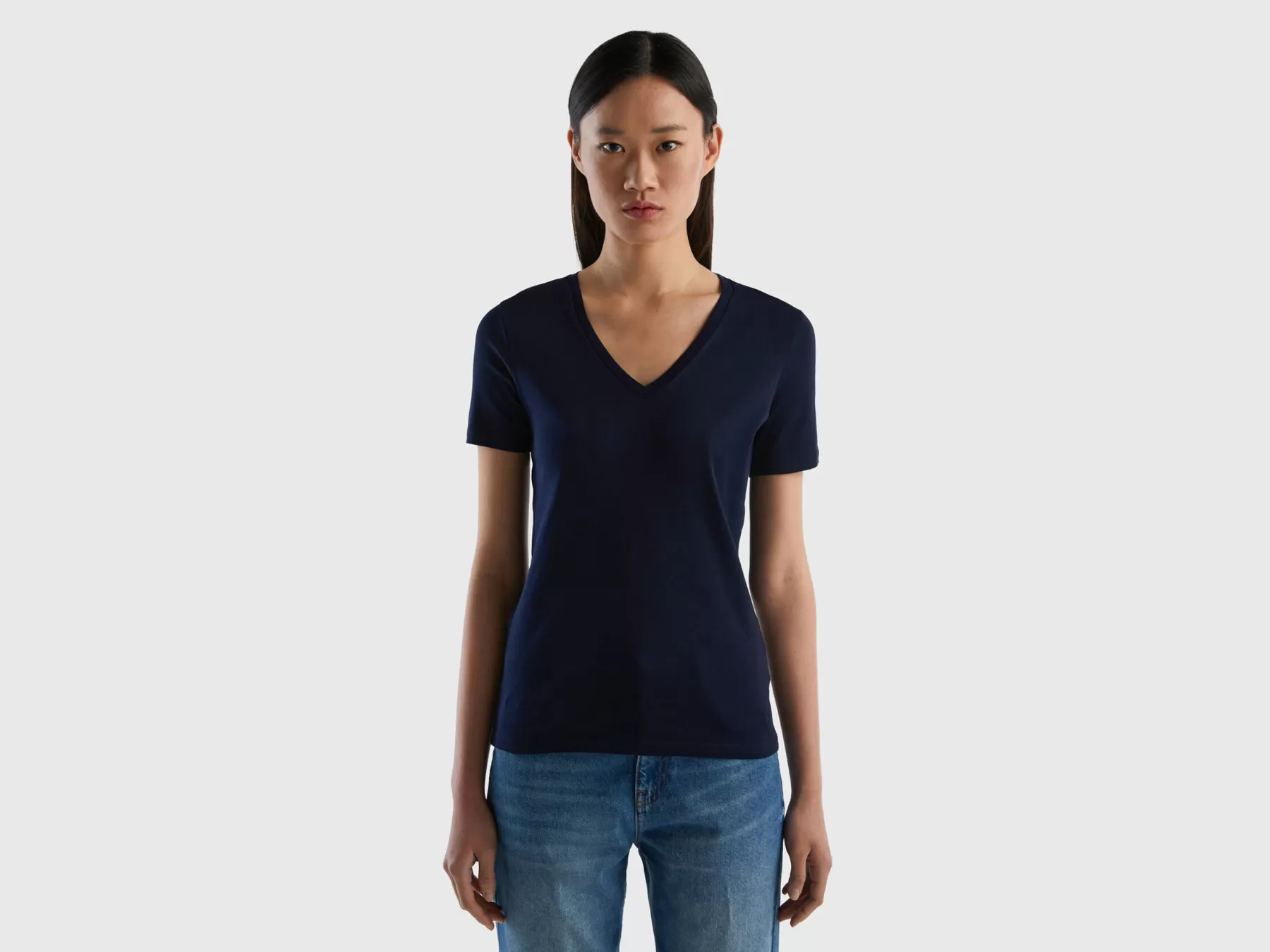 Benetton T-Shirt In Puro Cotone Con Scollo A V Blu Scuro Best Sale