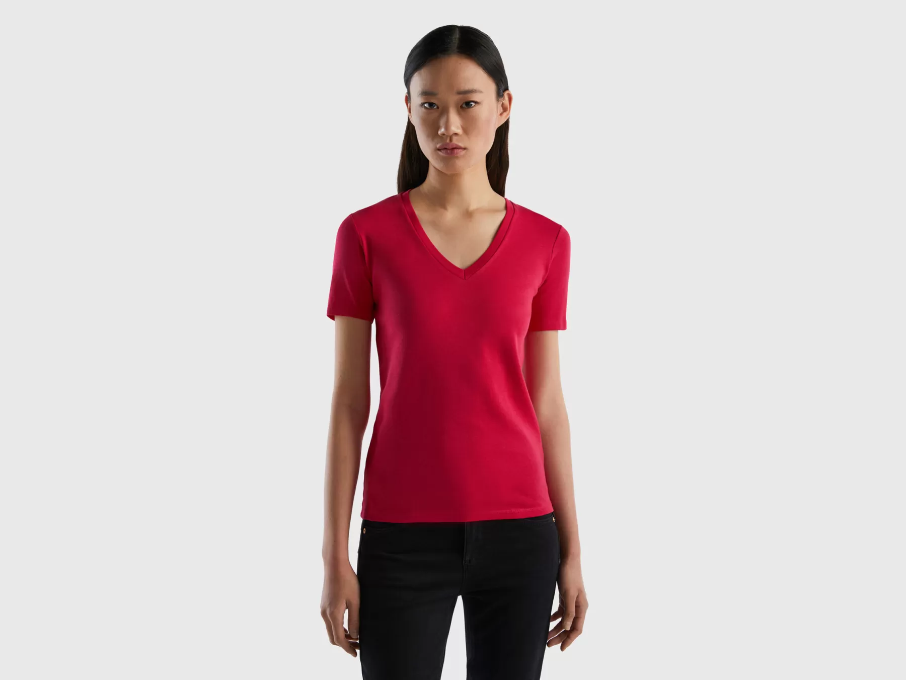 Benetton T-Shirt In Puro Cotone Con Scollo A V Fucsia Sale