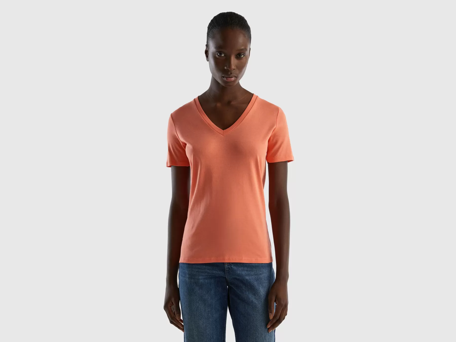 Benetton T-Shirt In Puro Cotone Con Scollo A V Arancione Outlet