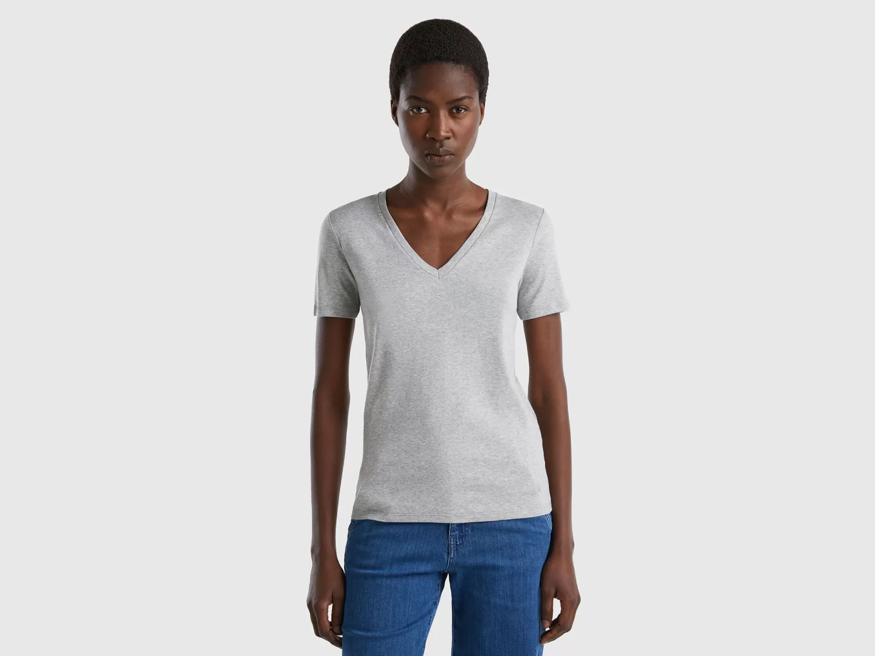 Benetton T-Shirt In Puro Cotone Con Scollo A V Grigio Chiaro Hot