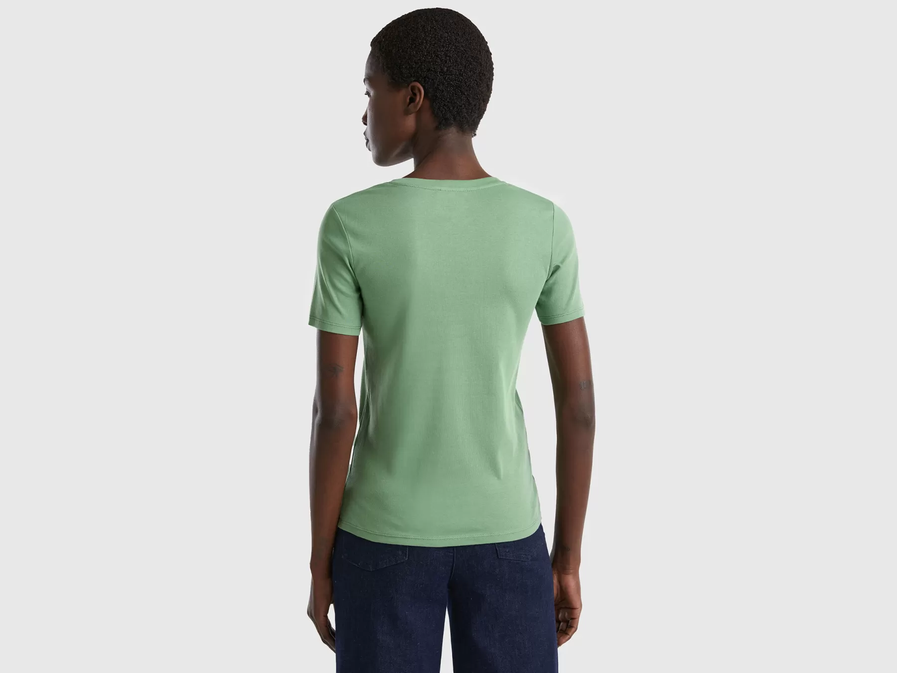 Benetton T-Shirt In Puro Cotone Con Scollo A V Verde Shop