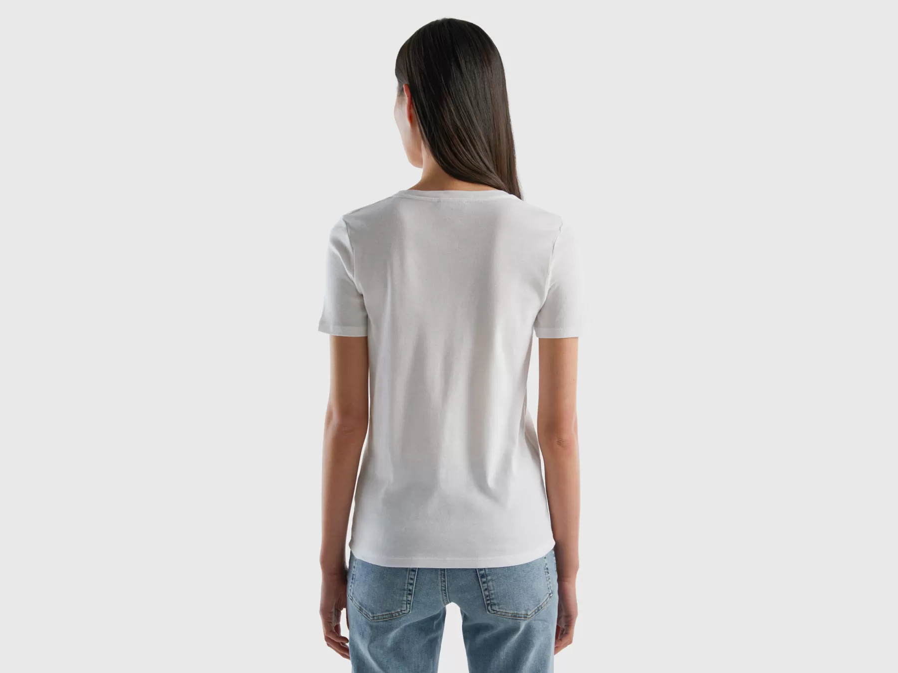 Benetton T-Shirt In Puro Cotone Con Scollo A V Bianco Store