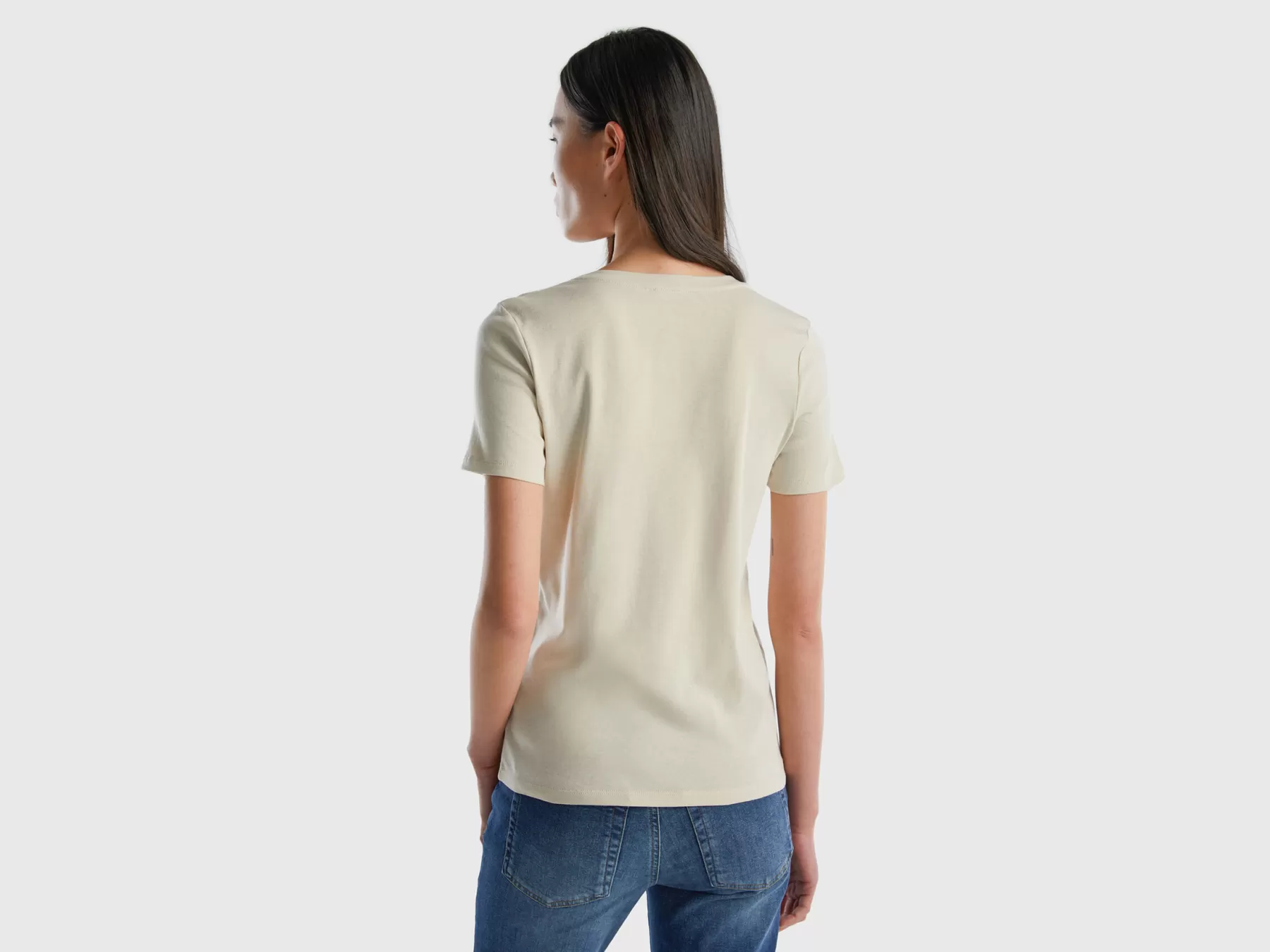 Benetton T-Shirt In Puro Cotone Con Scollo A V Beige Discount